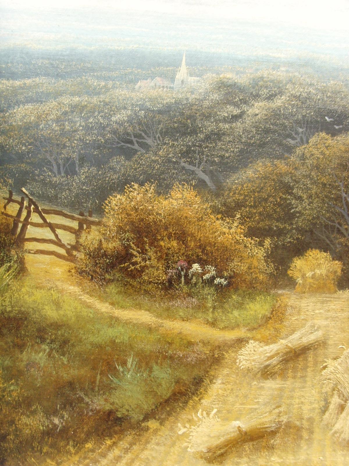19th Century Harvestime Landscape Oil Painting by Charles H. Passey - Brown Landscape Painting by Charles Henry Passey