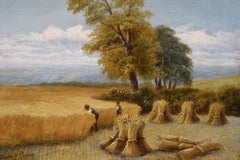 19th Century landscape oil painting of a harvest