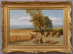19th Century landscape oil painting of a harvest