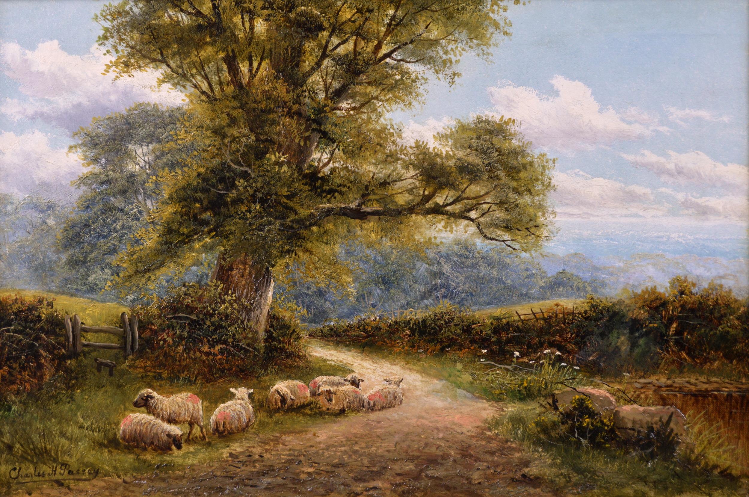 19th Century landscape oil painting of sheep in a lane - Painting by Charles Henry Passey
