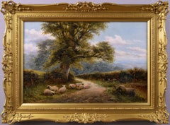 19th Century landscape oil painting of sheep in a lane