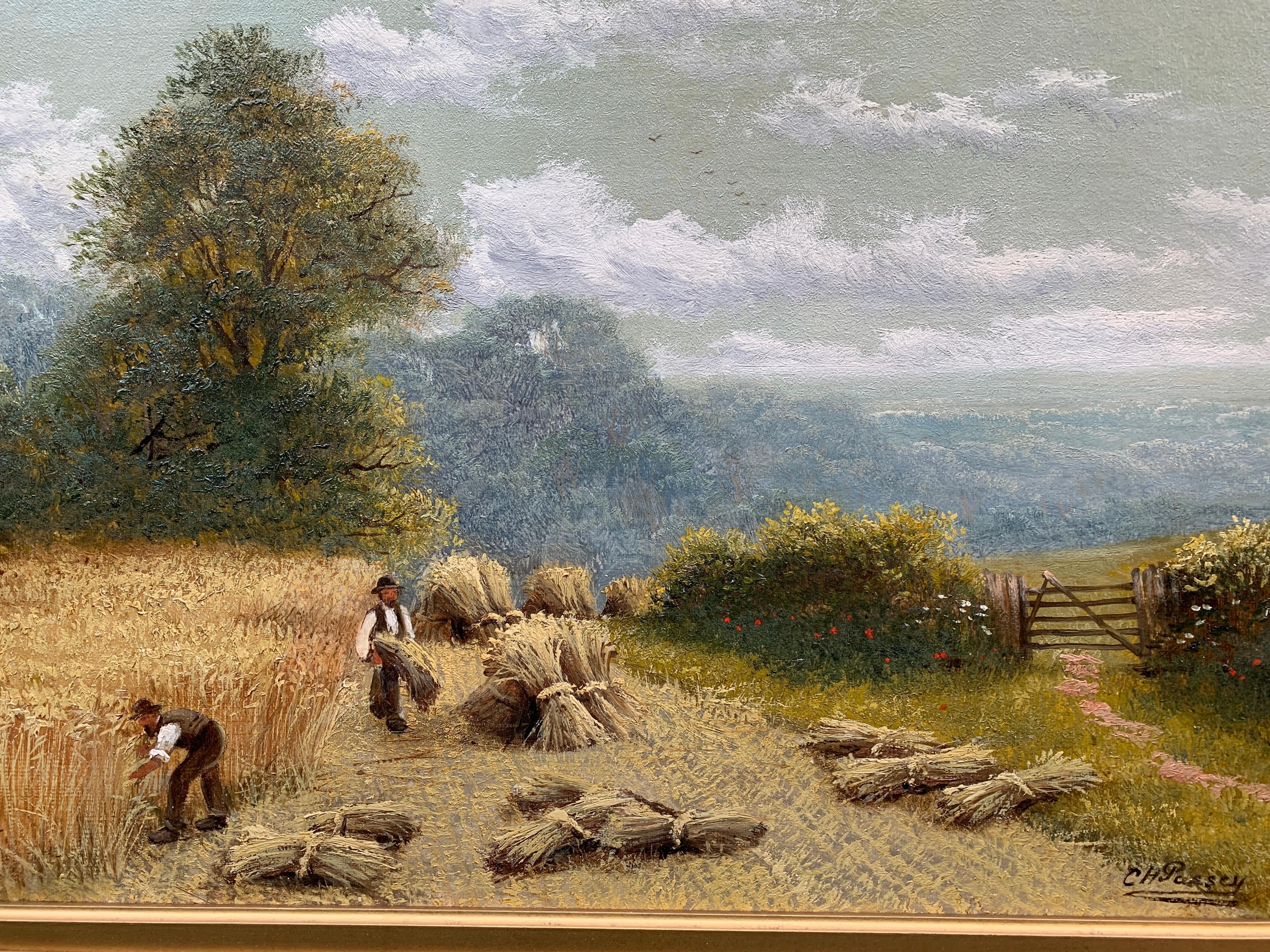 English 19th century Antique Harvesting landscape with farmers working  - Painting by Charles Henry Passey