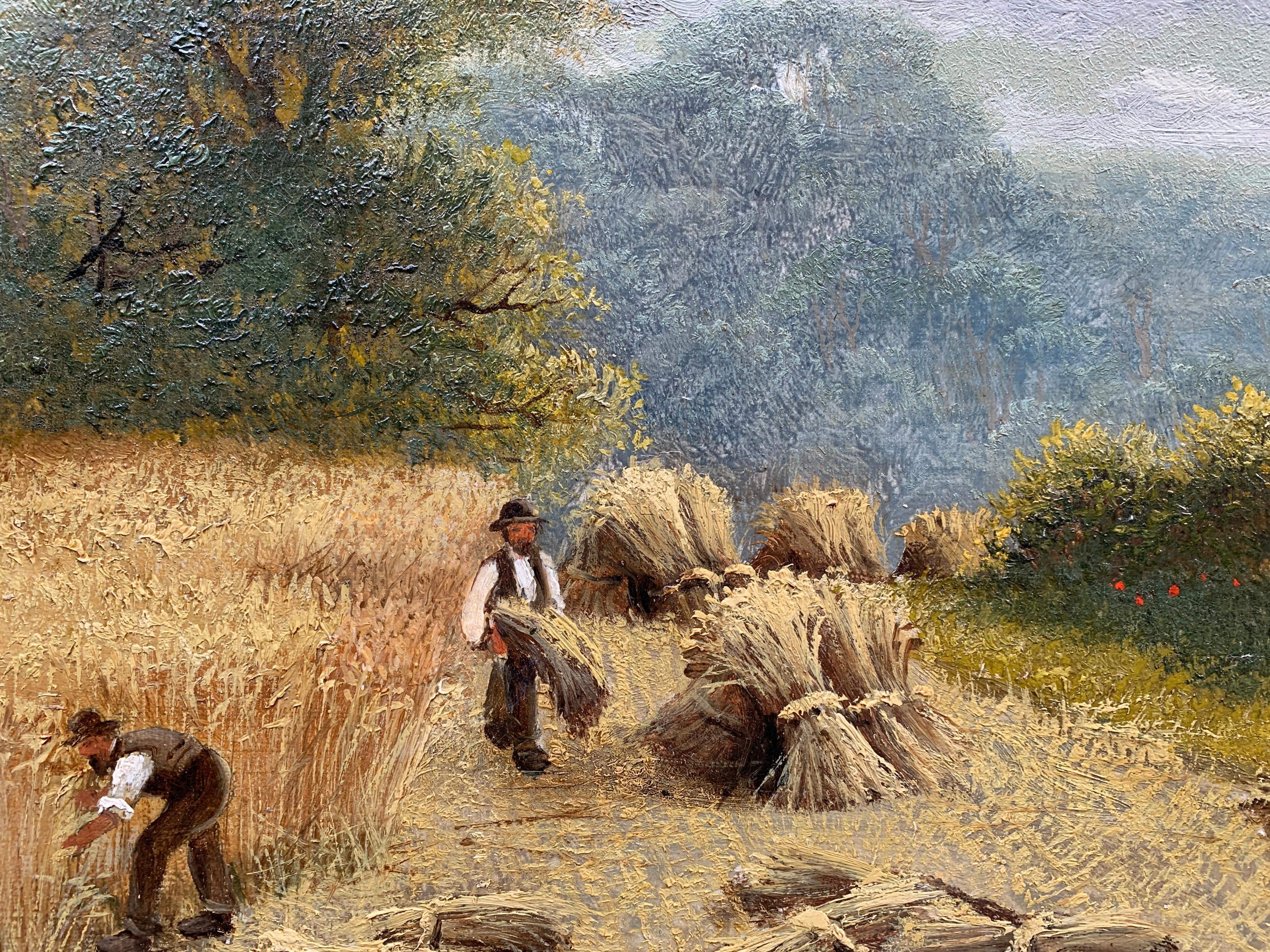 English 19th century Antique Harvesting landscape with farmers working  - Victorian Painting by Charles Henry Passey