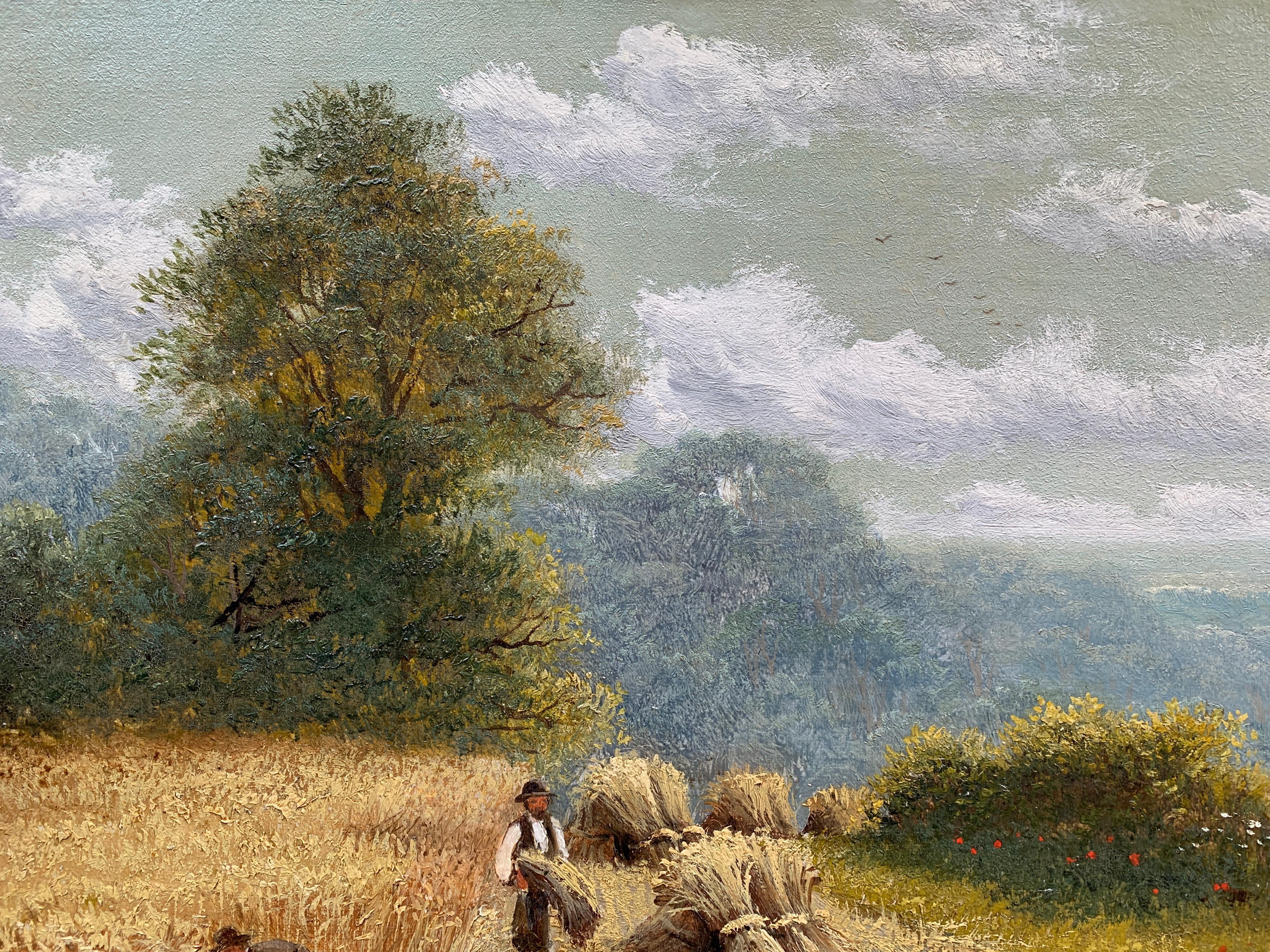 English 19th century Antique Harvesting landscape with farmers working  - Brown Landscape Painting by Charles Henry Passey