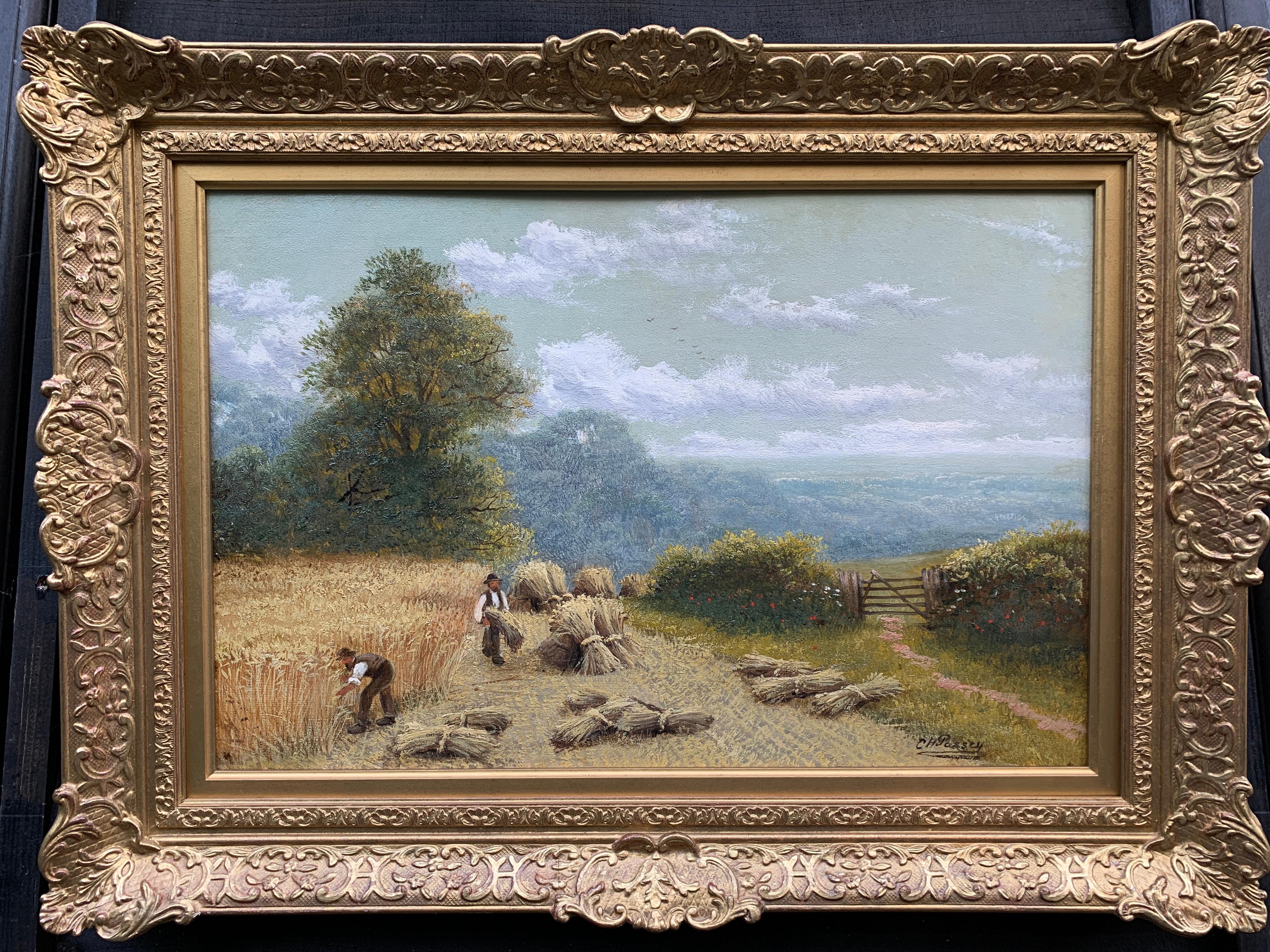 Charles Henry Passey Landscape Painting - English 19th century Antique Harvesting landscape with farmers working 