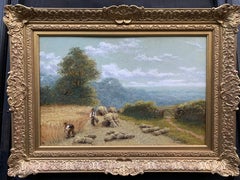 English 19th century Antique Harvesting landscape with farmers working 