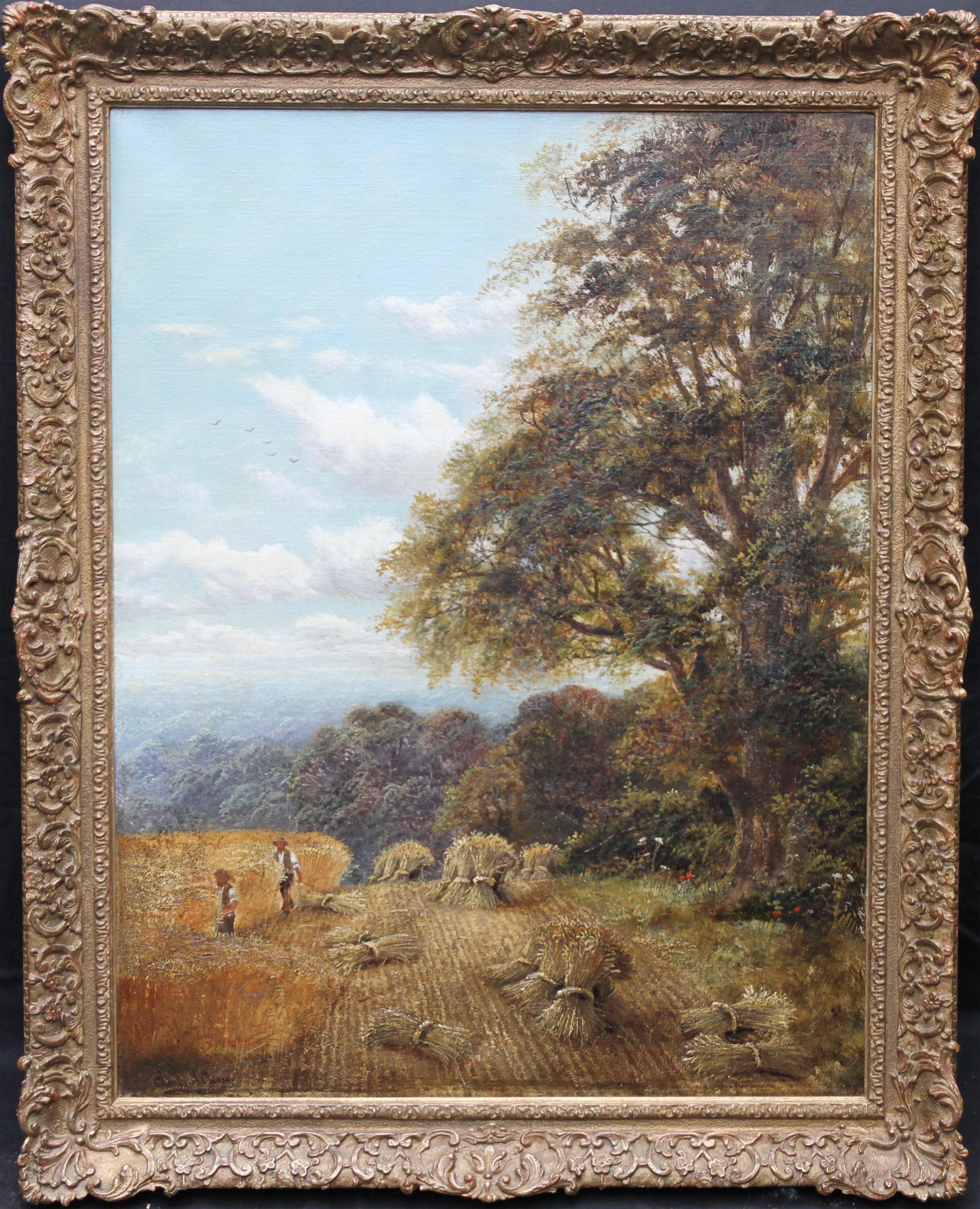 Charles Henry Passey Landscape Painting - Surrey Harvest Landscape - British Victorian oil painting summer wheat setting
