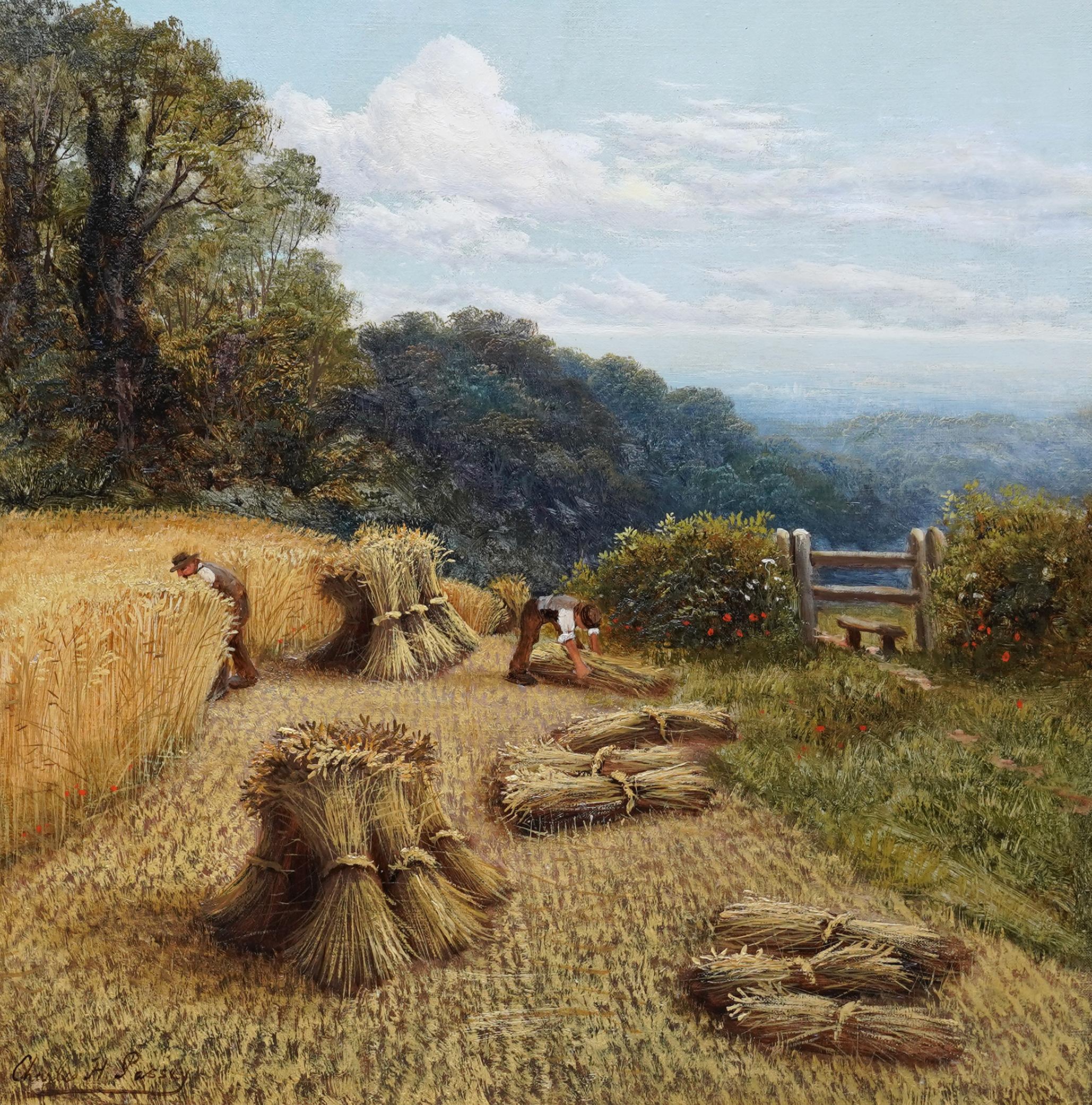 Paysage de moisson victorien - Peinture à l'huile d'art pastoral de campagne britannique - Marron Landscape Painting par Charles Henry Passey