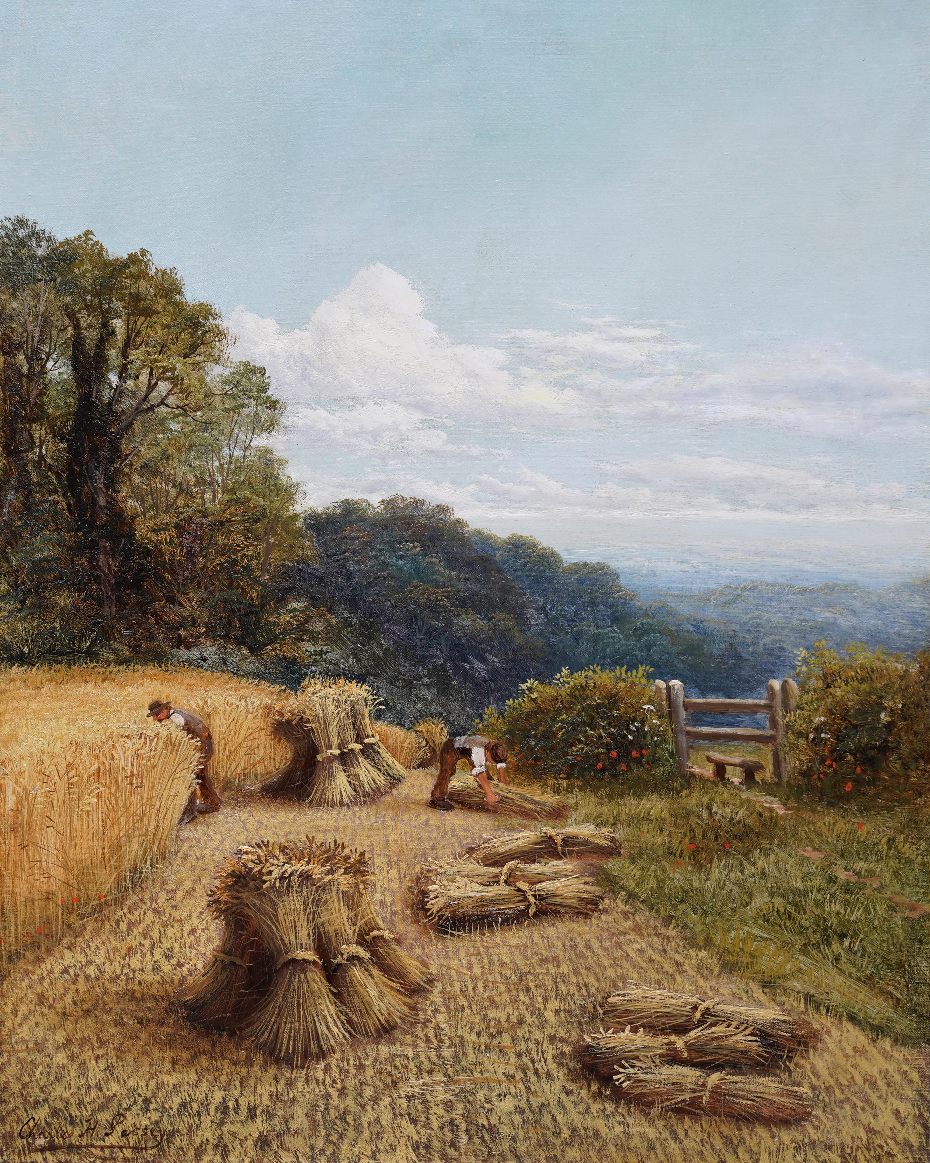 Paysage de moisson victorien - Peinture à l'huile d'art pastoral de campagne britannique - Victorien Painting par Charles Henry Passey