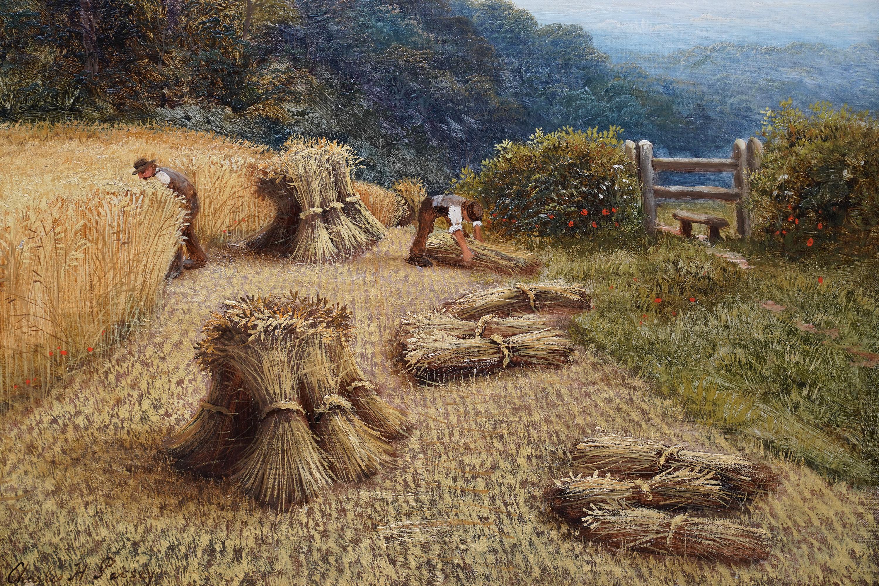 L'artiste victorien Charles Henry Passey a peint cette superbe peinture à l'huile de paysage de récolte britannique. Peinte vers 1880, la composition représente le bord d'un champ de maïs, la terre perdant de sa hauteur tandis que le regard passe