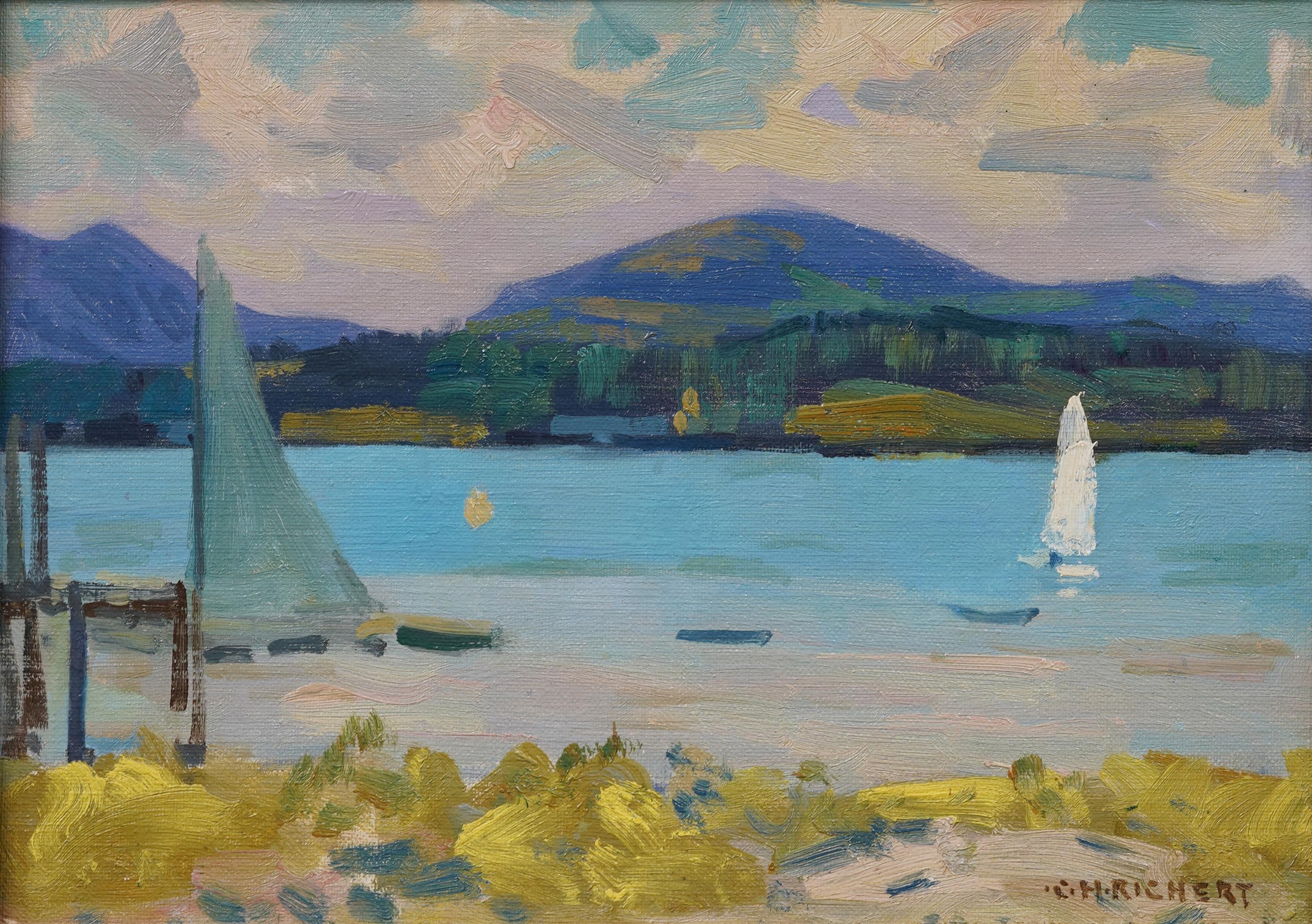 Antiguo cuadro al óleo impresionista americano Paisaje montañoso de lago con velero - Painting Impresionista de Charles Henry Richert