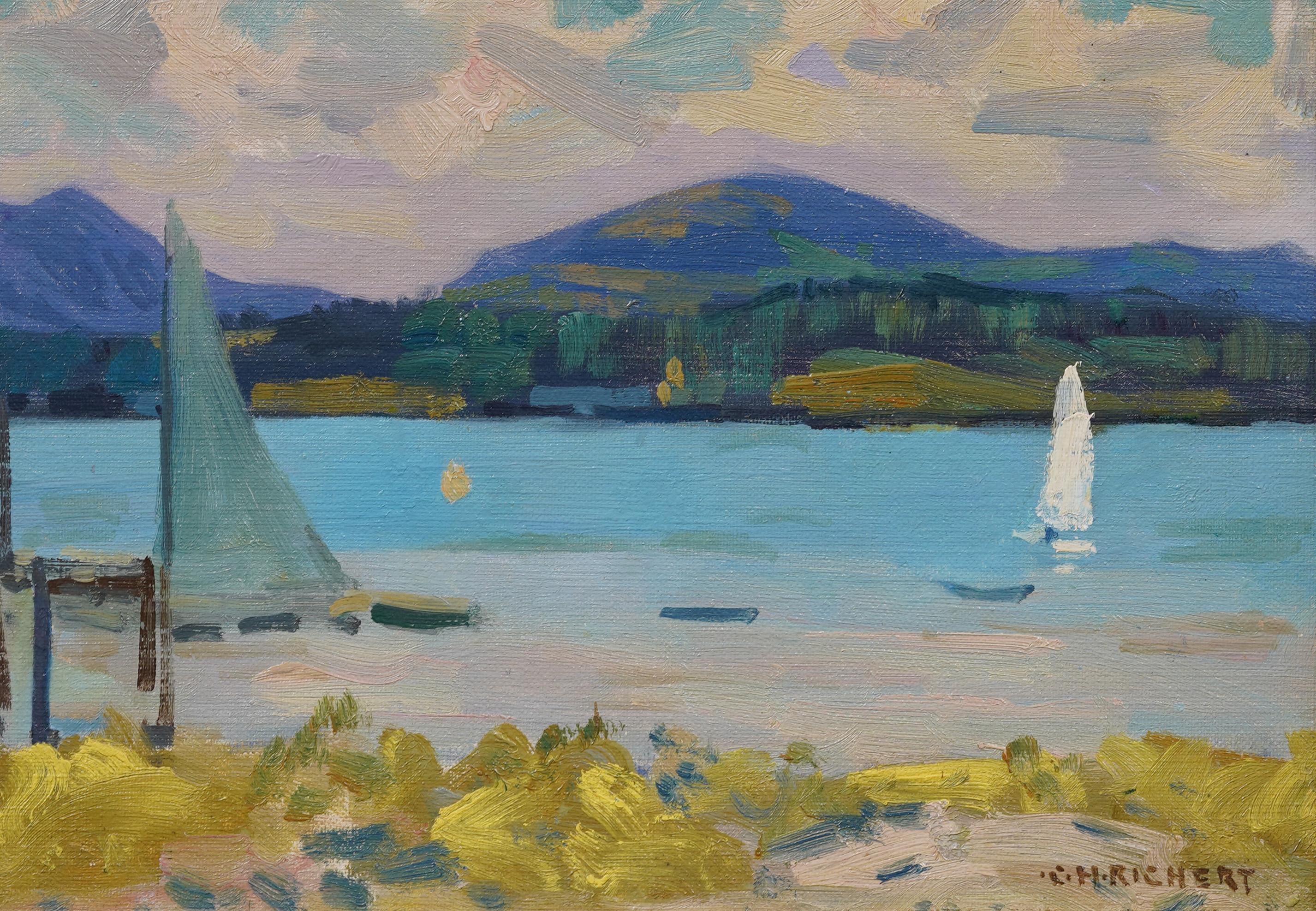 Antiguo cuadro al óleo impresionista americano Paisaje montañoso de lago con velero - Landscape Painting Marrón de Charles Henry Richert