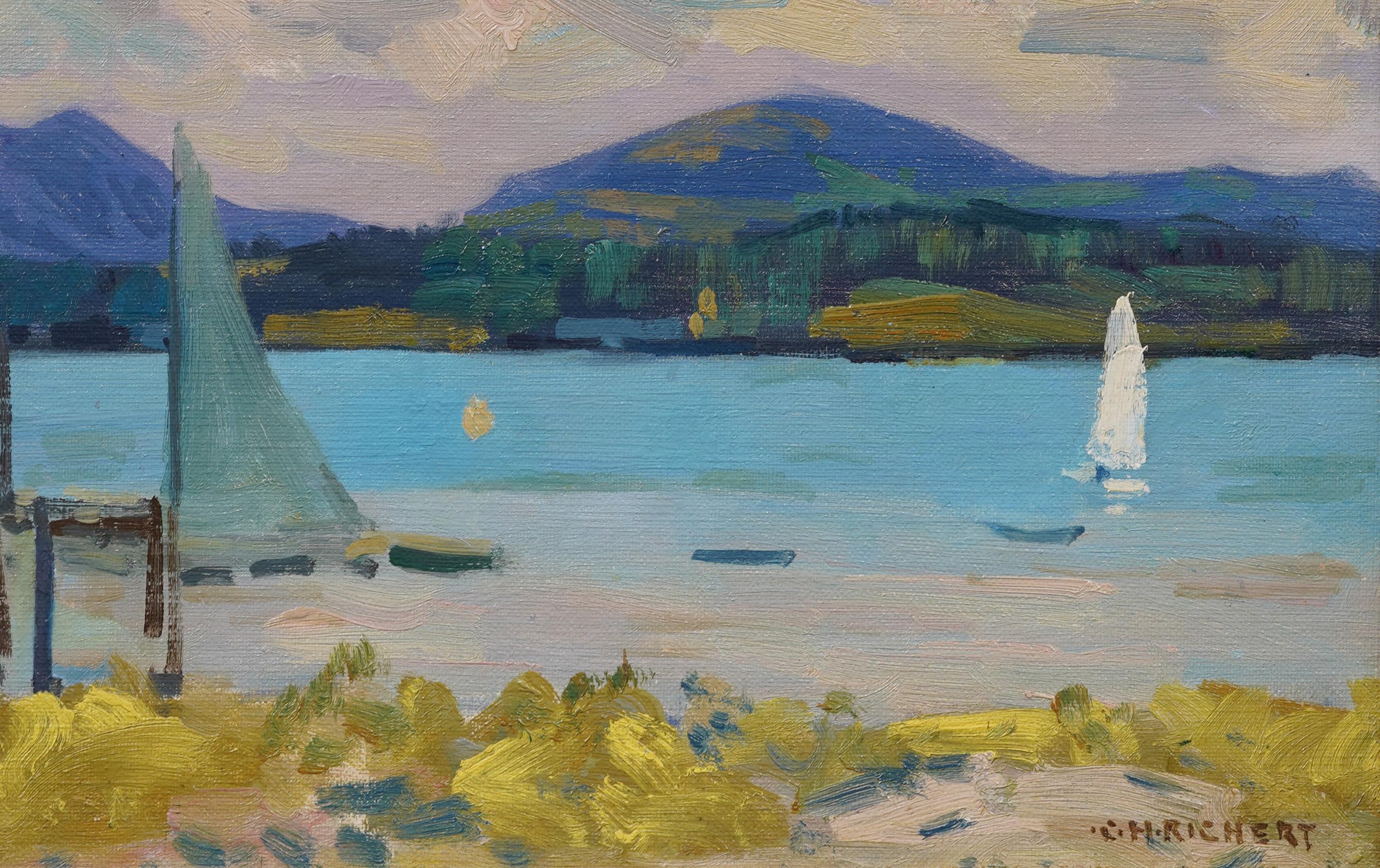 Paisaje lacustre impresionista estadounidense pintado al óleo.  Enmarcado.  Óleo sobre lienzo.  Firmado.  Tamaño de la imagen, 10H por 14L.