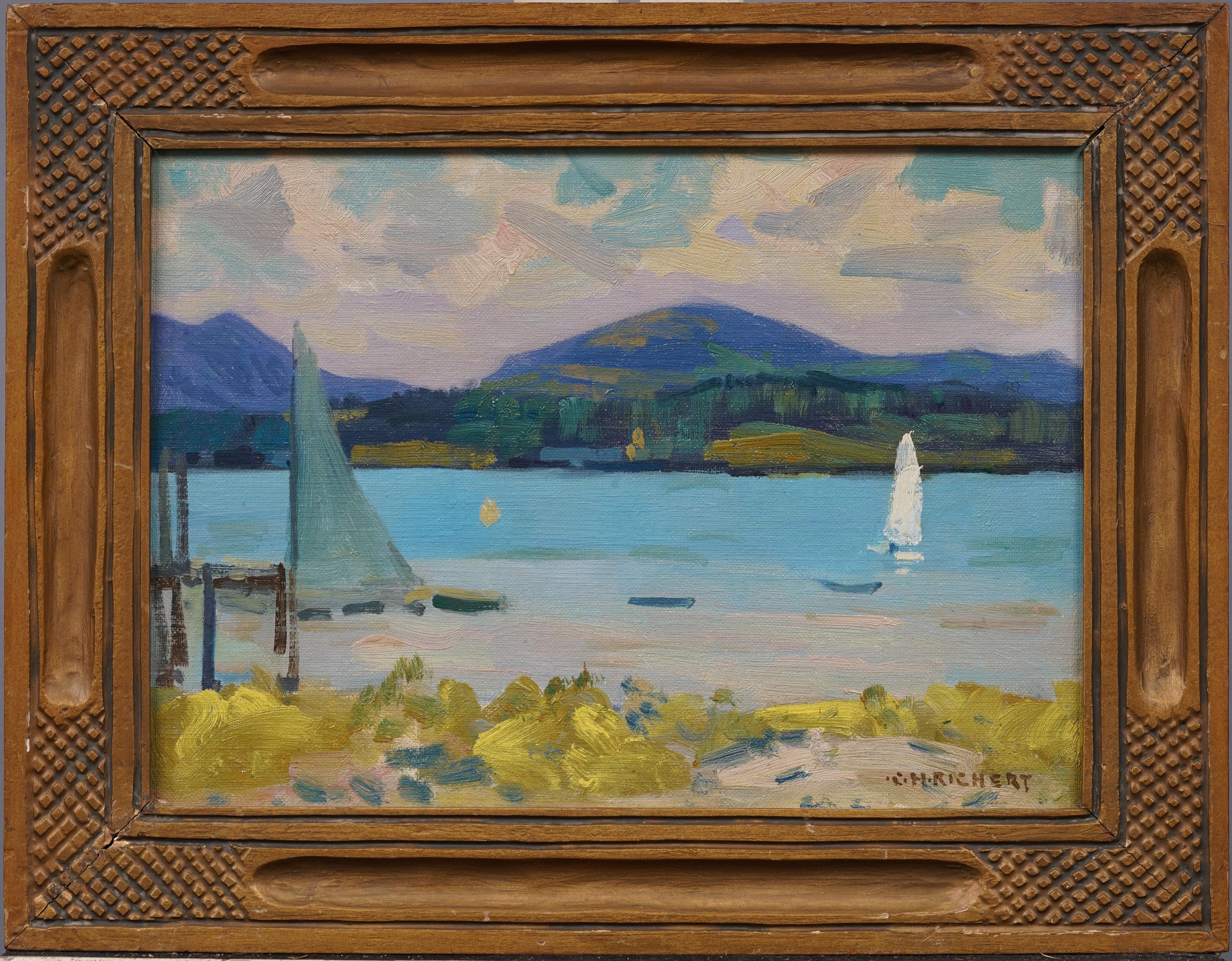 Landscape Painting de Charles Henry Richert - Antiguo cuadro al óleo impresionista americano Paisaje montañoso de lago con velero
