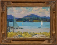 Antikes amerikanisches impressionistisches Ölgemälde, Bergsee-Segelboot-Landschaft, Ölgemälde