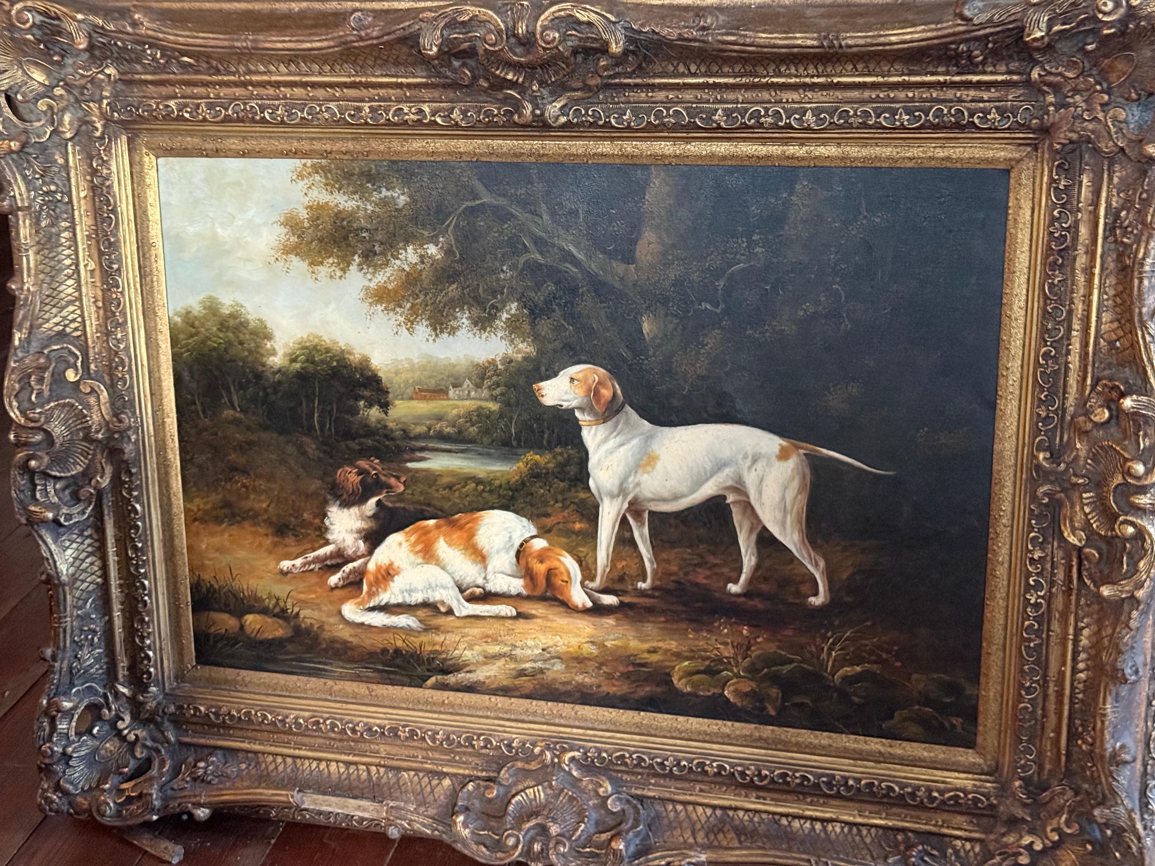 Two Spaniels and a Hound, large oil painting of wooded early 19th C landscape For Sale 5