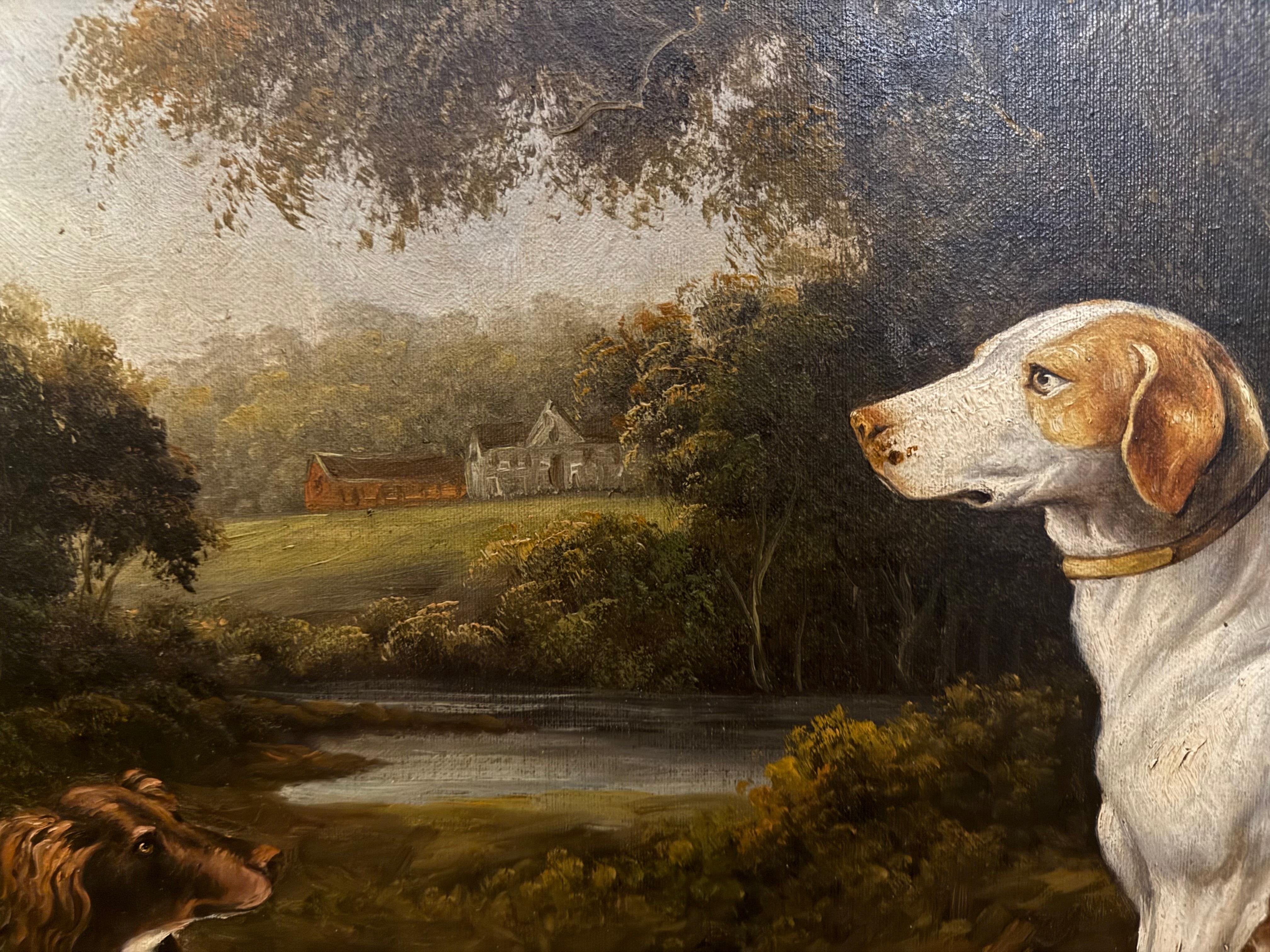 Two Spaniels and a Hound, large oil painting of wooded early 19th C landscape For Sale 7