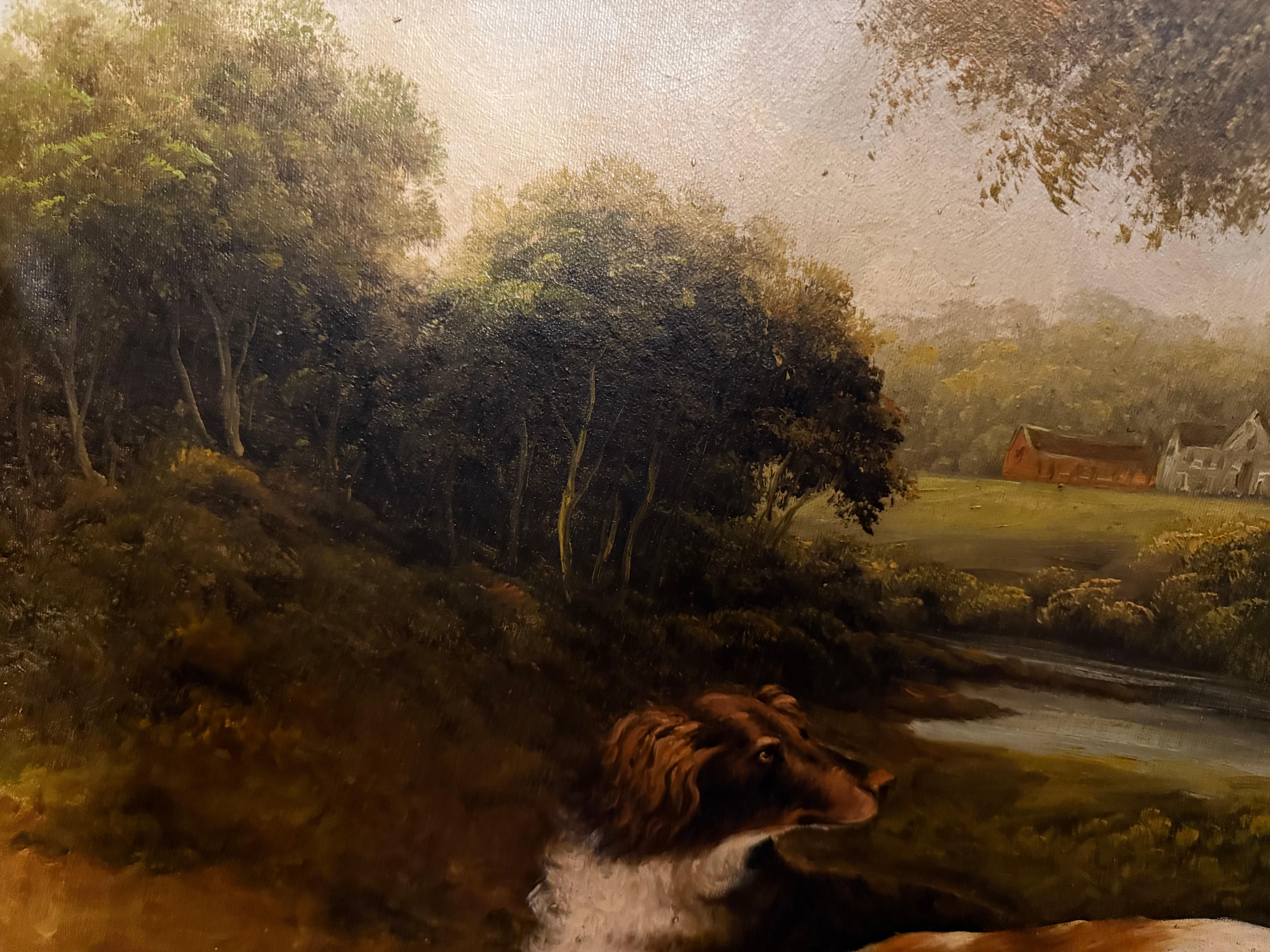 Two Spaniels and a Hound, large oil painting of wooded early 19th C landscape For Sale 8