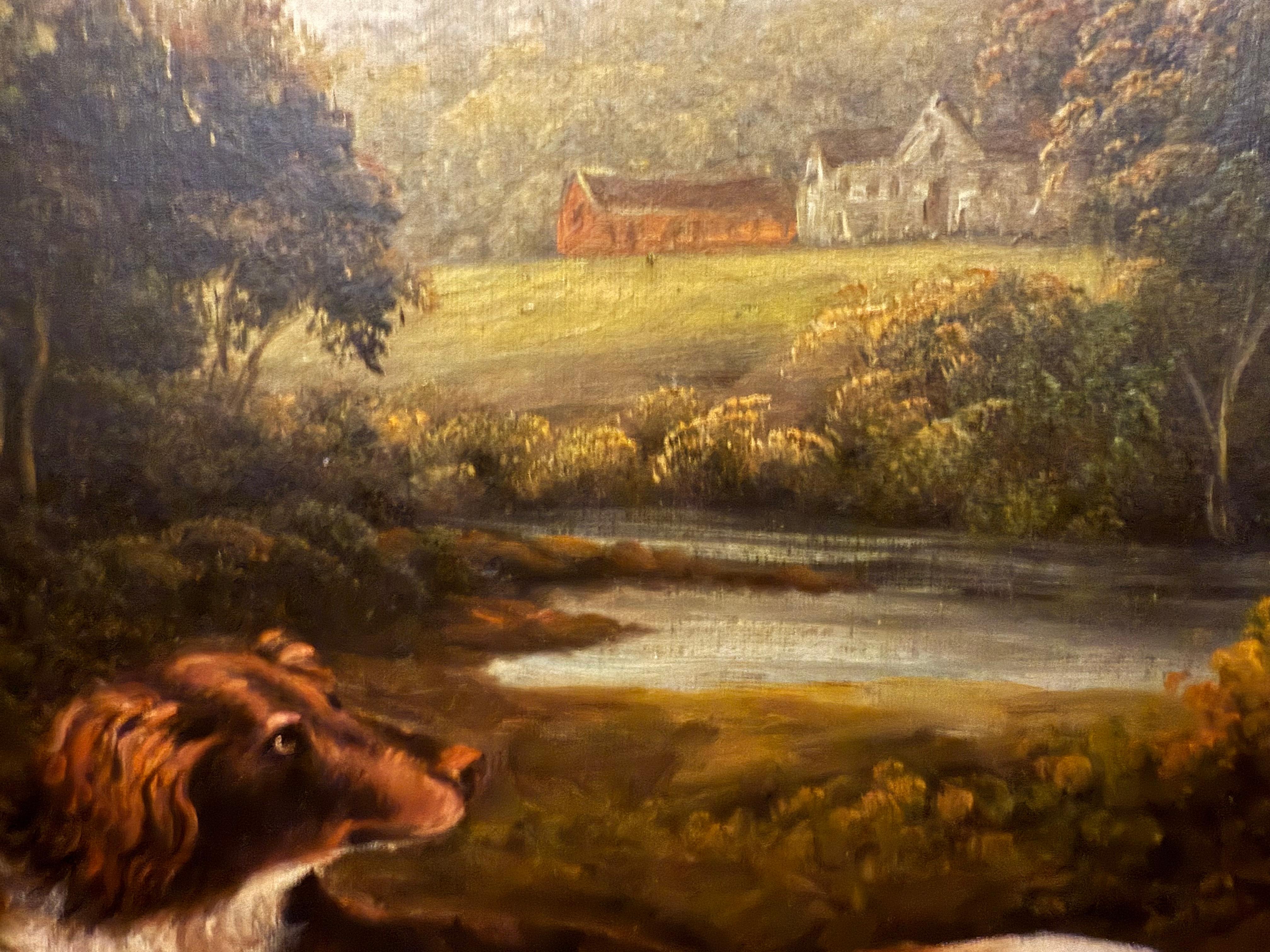 Two Spaniels and a Hound, large oil painting of wooded early 19th C landscape For Sale 10