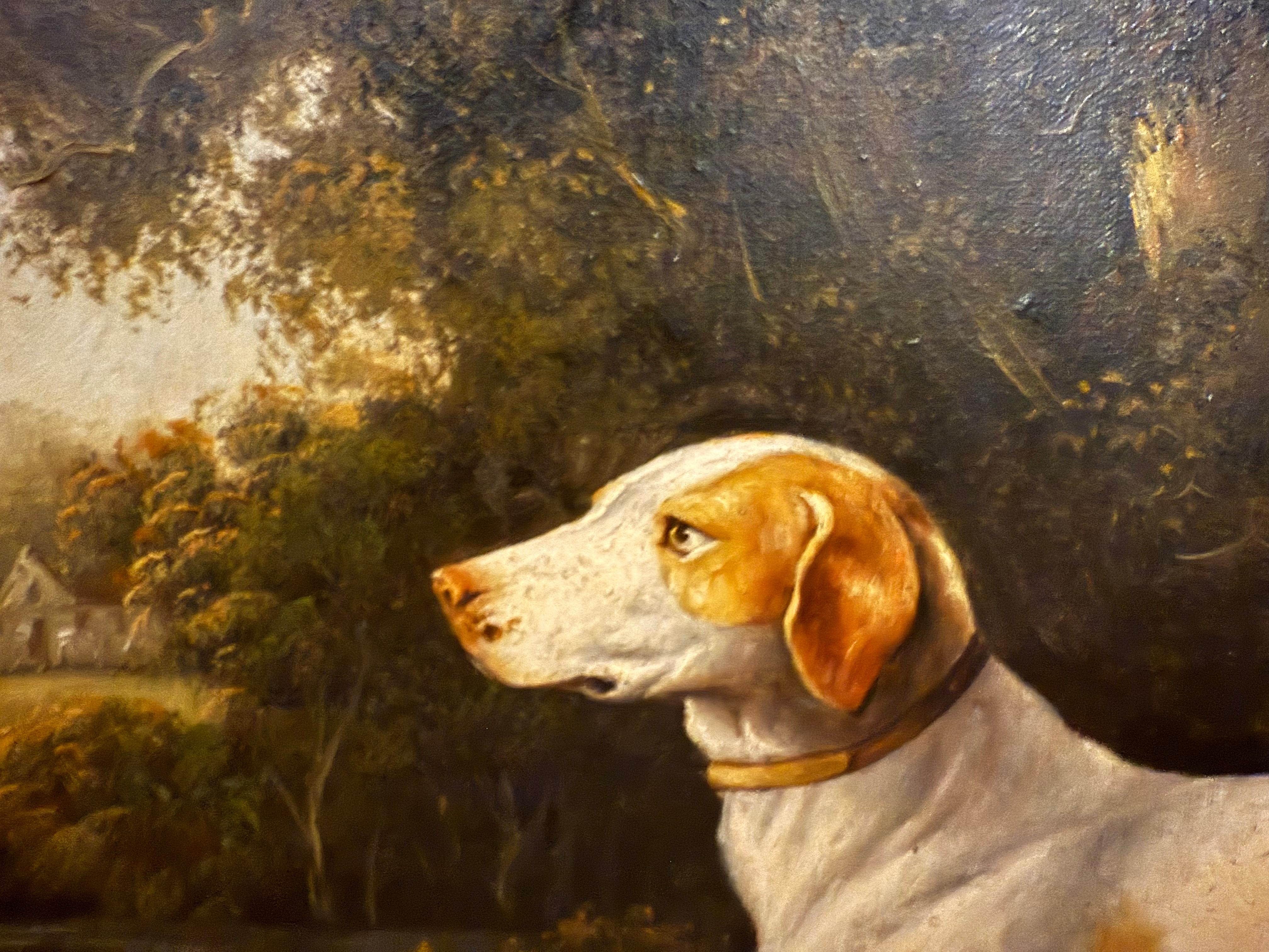 Two Spaniels and a Hound, large oil painting of wooded early 19th C landscape For Sale 11
