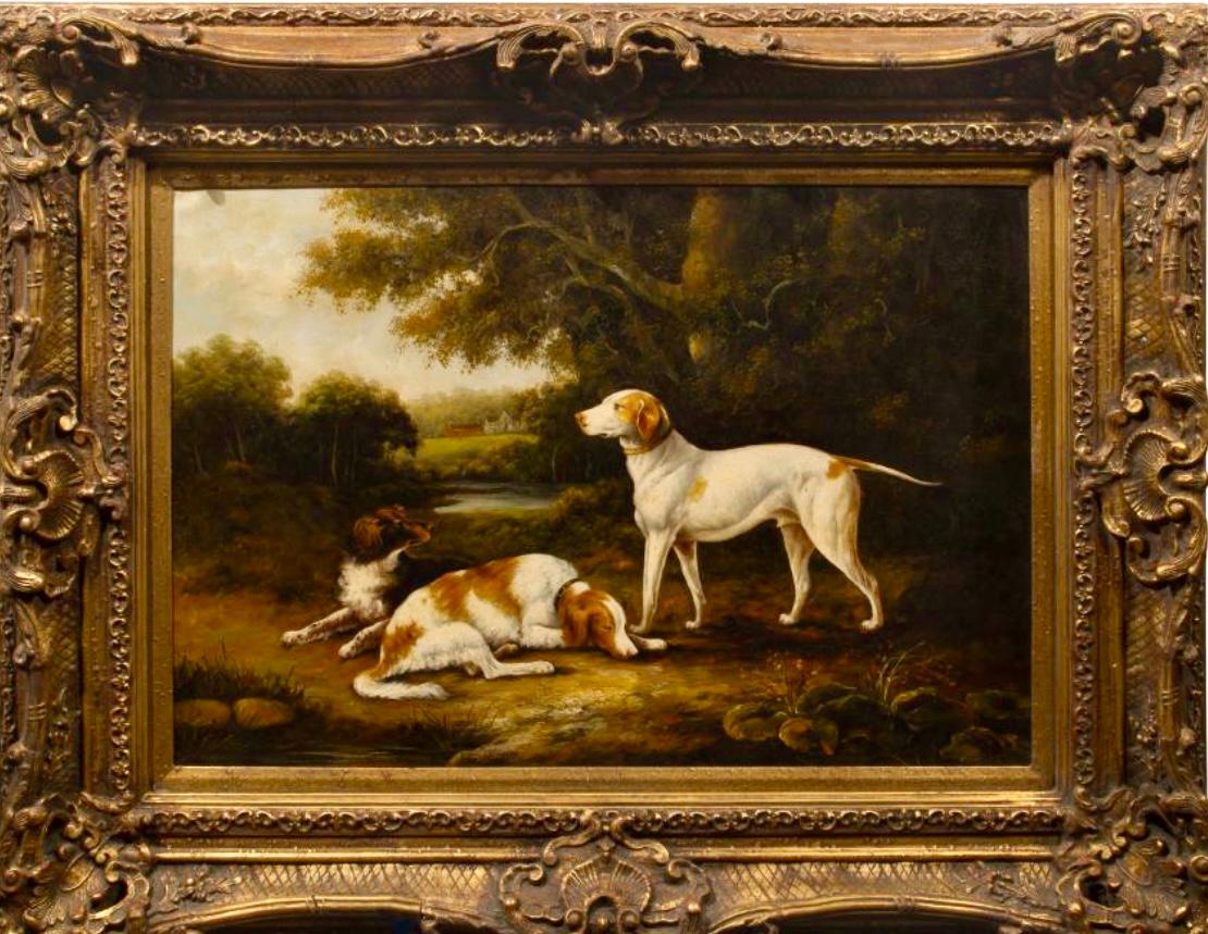 Dos perros de caza y un sabueso en un paisaje boscoso de principios del siglo XIX - Painting de Charles Henry Schwanfelder