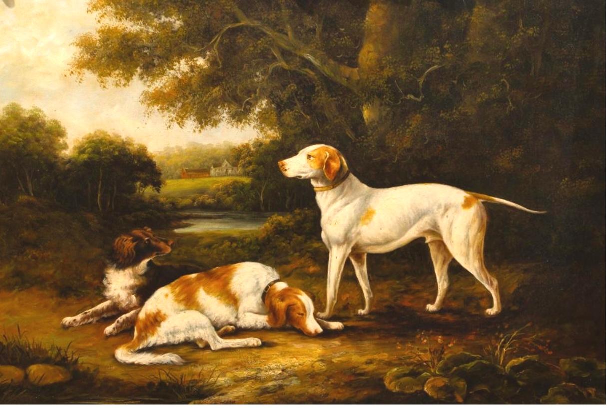Two Spaniels and a Hound in wooded early 19th C landscape - Brown Landscape Painting by Charles Henry Schwanfelder