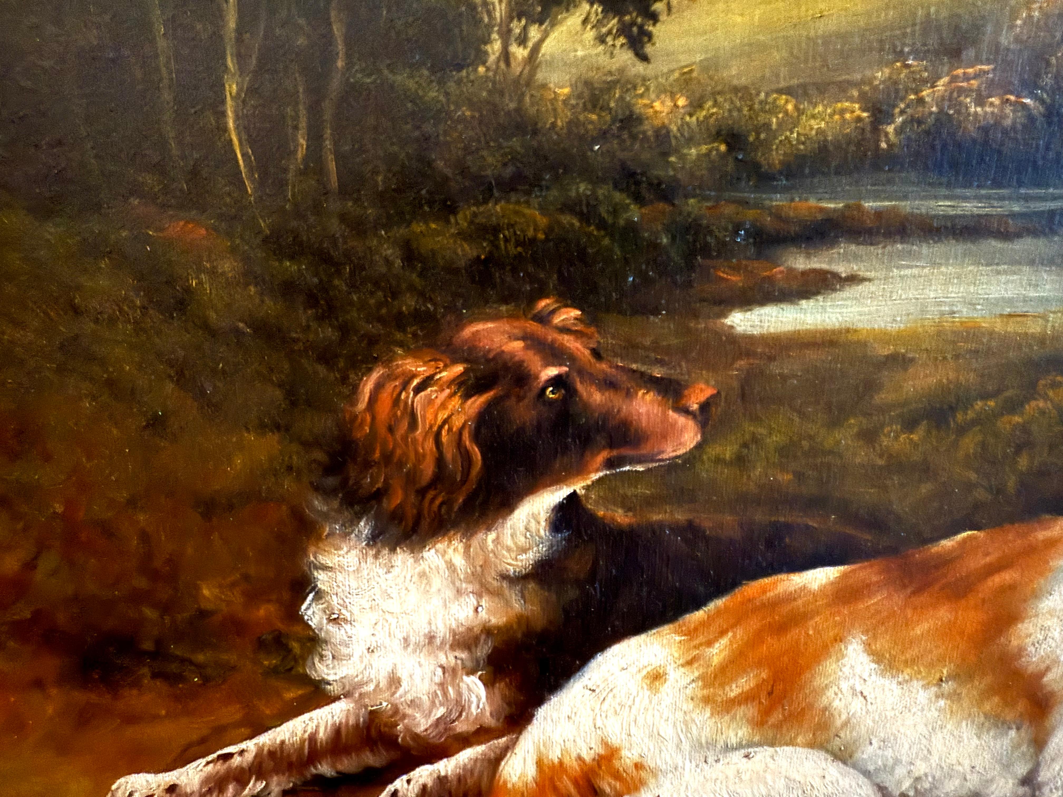 Two Spaniels and a Hound, large oil painting of wooded early 19th C landscape For Sale 1
