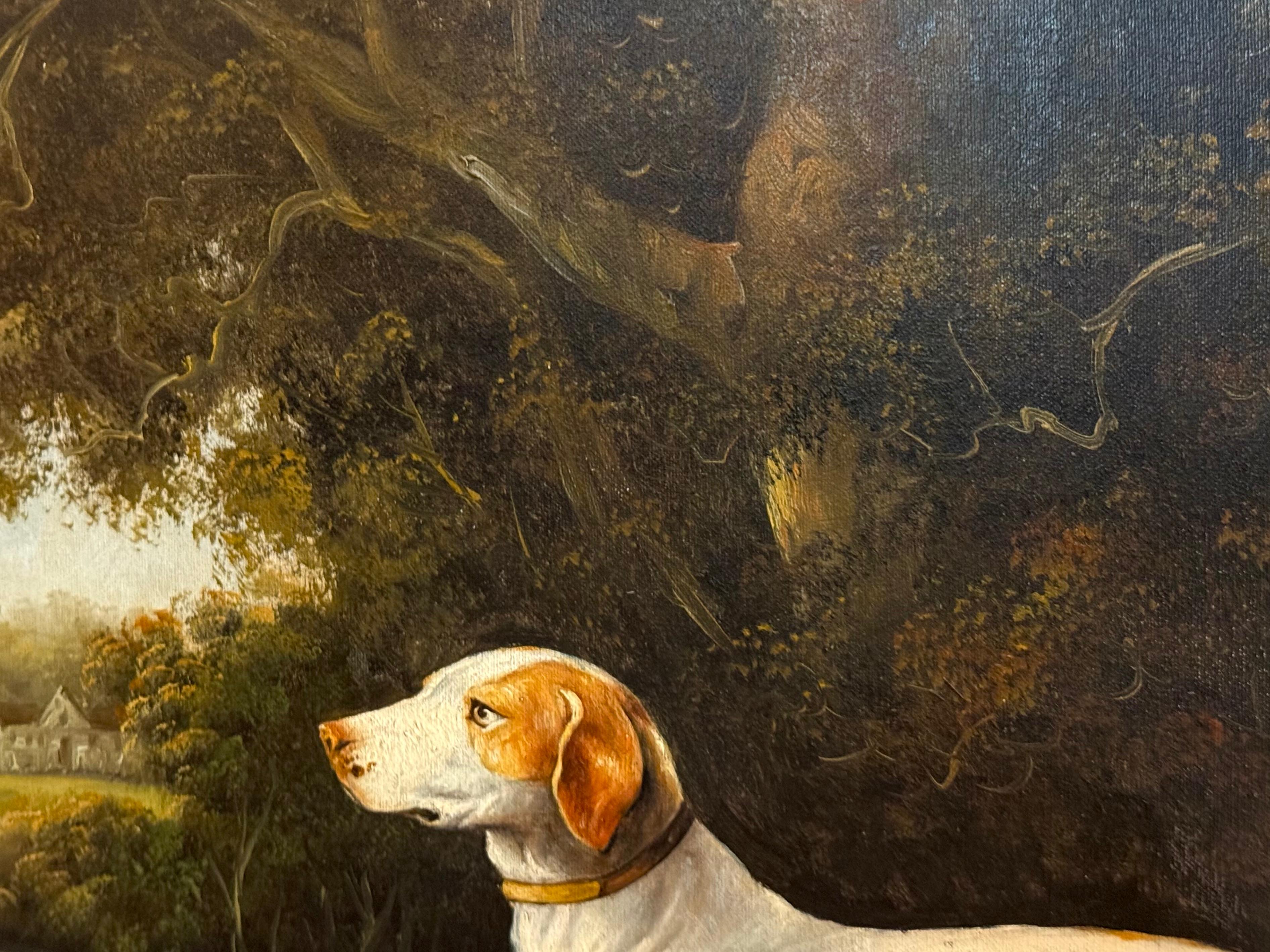 Two Spaniels and a Hound, large oil painting of wooded early 19th C landscape For Sale 2