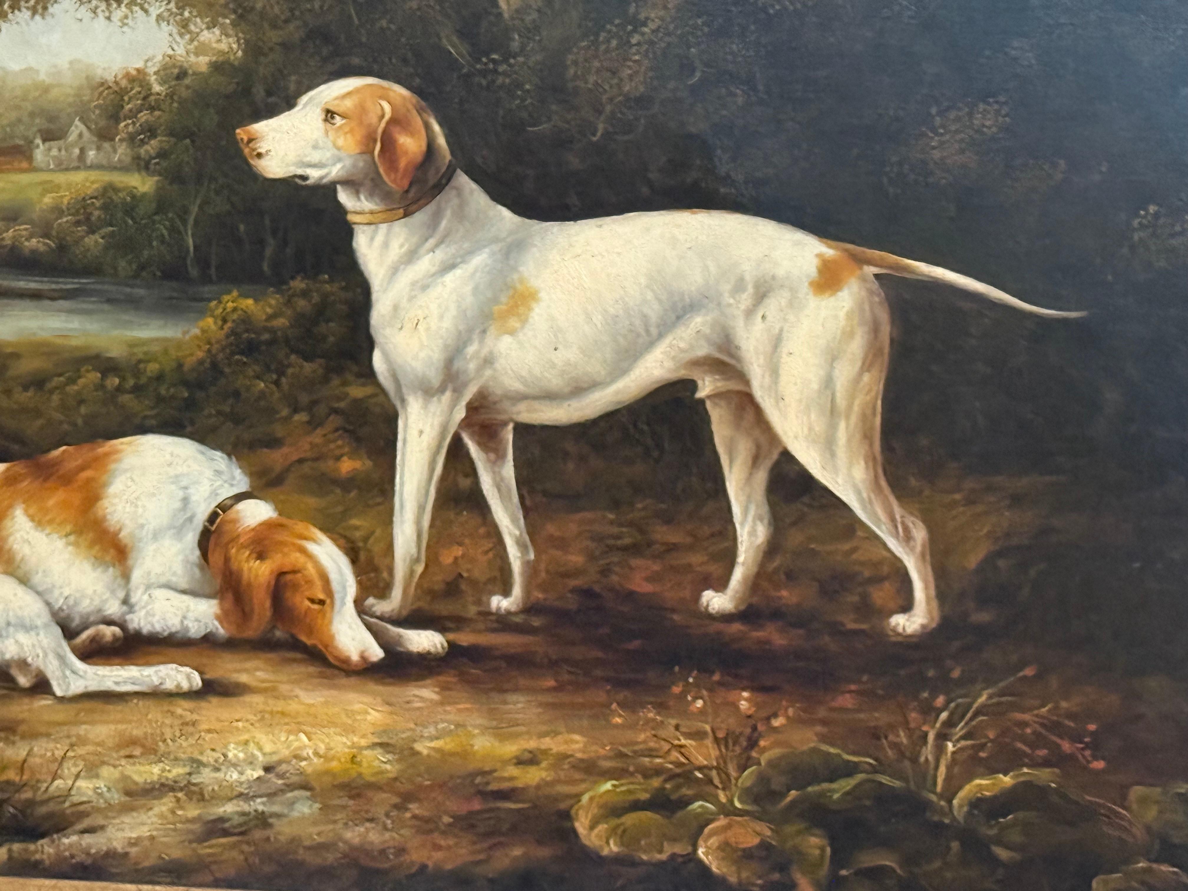 Two Spaniels and a Hound, large oil painting of wooded early 19th C landscape For Sale 4