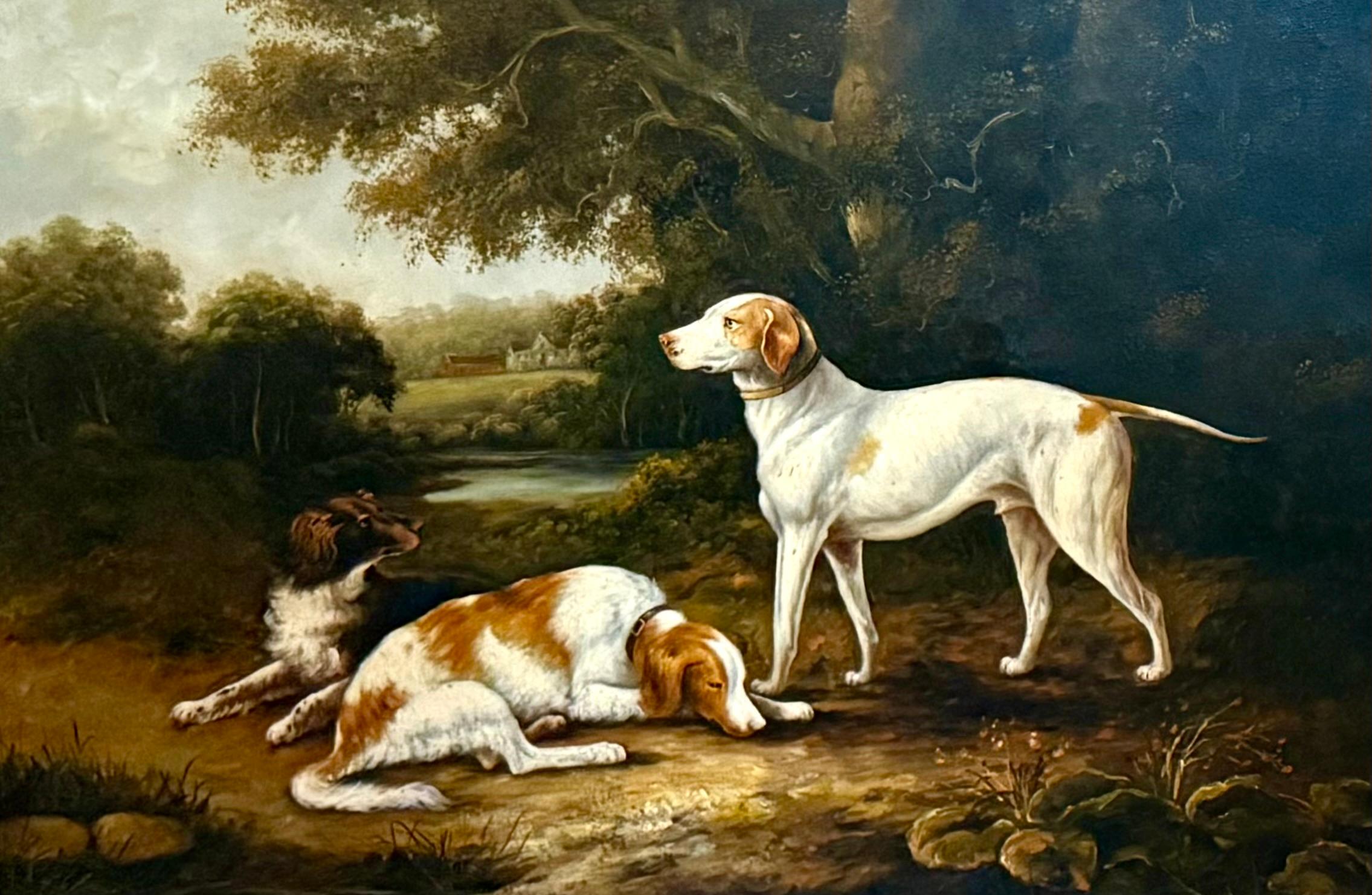 Due spaniel e un cane da caccia in un paesaggio boscoso dell'inizio del XIX secolo