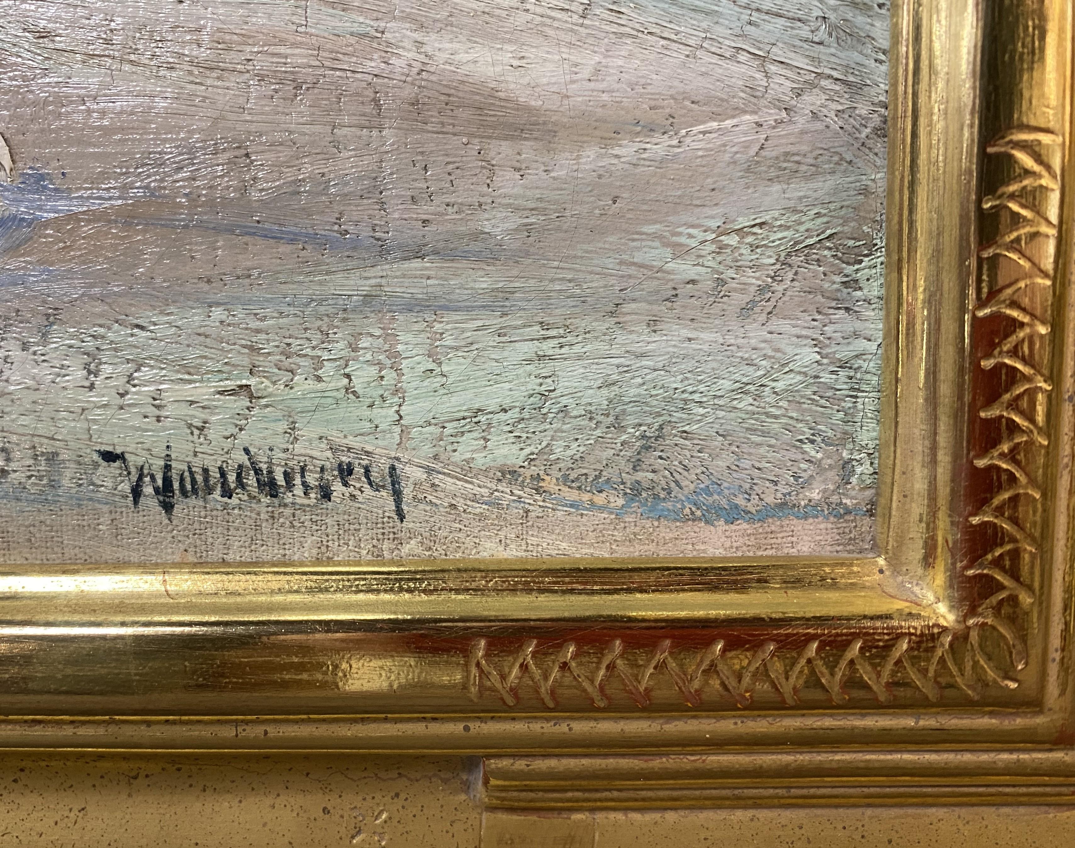 Eine schöne impressionistische Strandszene des amerikanischen Künstlers Charles Herbert Woodbury (1864-1940). Woodbury wurde in Lynn, MA, geboren und verkaufte sein erstes Bild im Alter von fünfzehn Jahren. Mit 17 Jahren wurde er als jüngstes