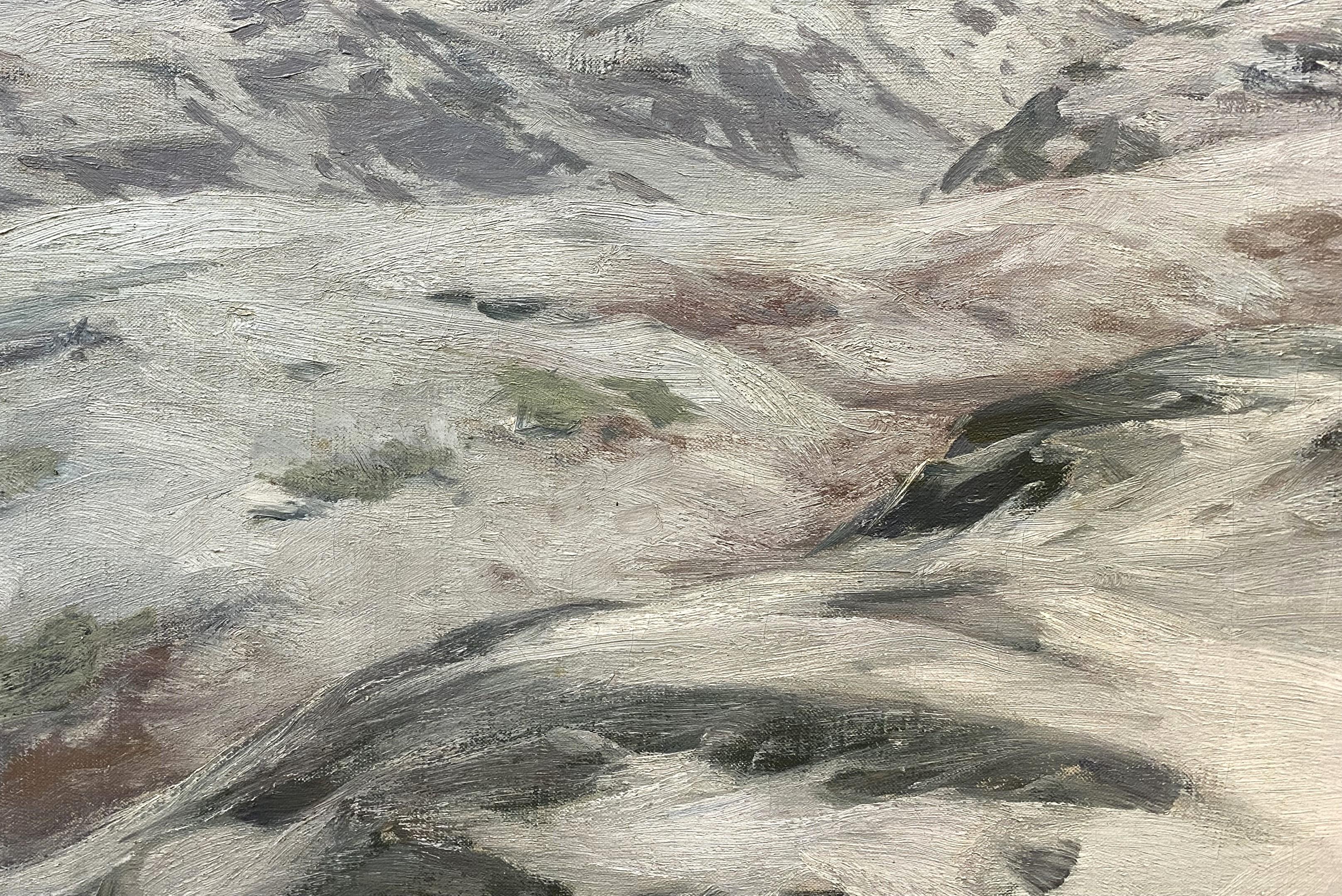 Un grand paysage d'hiver impressionniste de l'artiste américain Charles Herbert Woodbury (1864-1940). Né à Lynn, MA, Woodbury a vendu son premier tableau à l'âge de quinze ans et est devenu le plus jeune membre élu au Boston Art Club à l'âge de 17