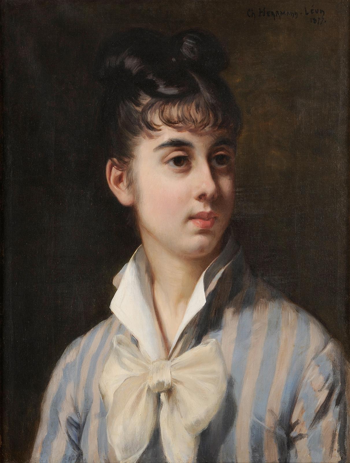 Young woman portrait with a white bow - Painting by Charles Hermann-Léon