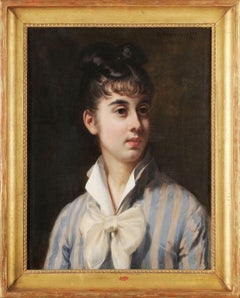 Antique Young woman portrait with a white bow
