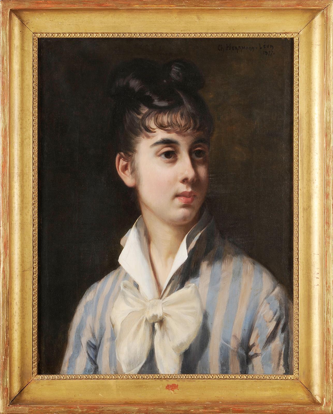 Charles Hermann-Léon Figurative Painting – Porträt einer jungen Frau mit weißer Schleife