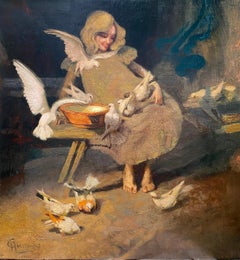 Charles Hermans, 1839 - 1924, peintre belge, Une jeune fille nourrissant des pigeons