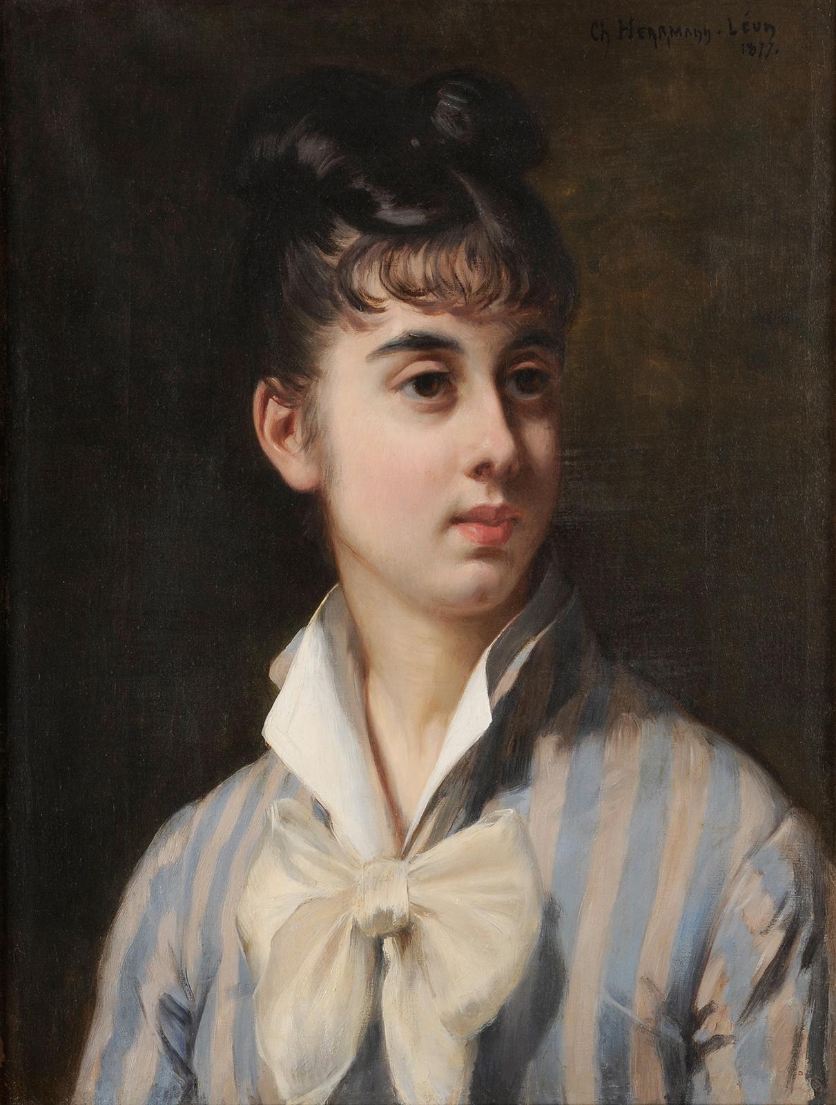 Retrato de mujer joven con lazo blanco - Painting de Charles Herrmann-Léon