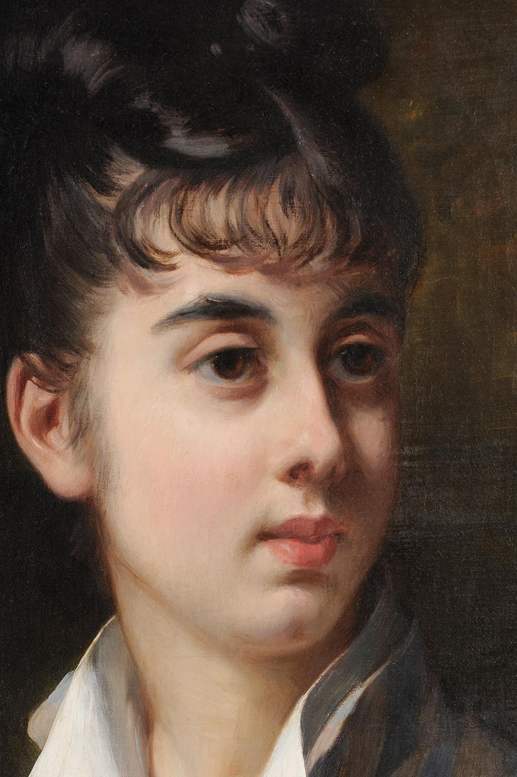 Retrato de mujer joven con lazo blanco - Painting Escuela francesa de Charles Herrmann-Léon
