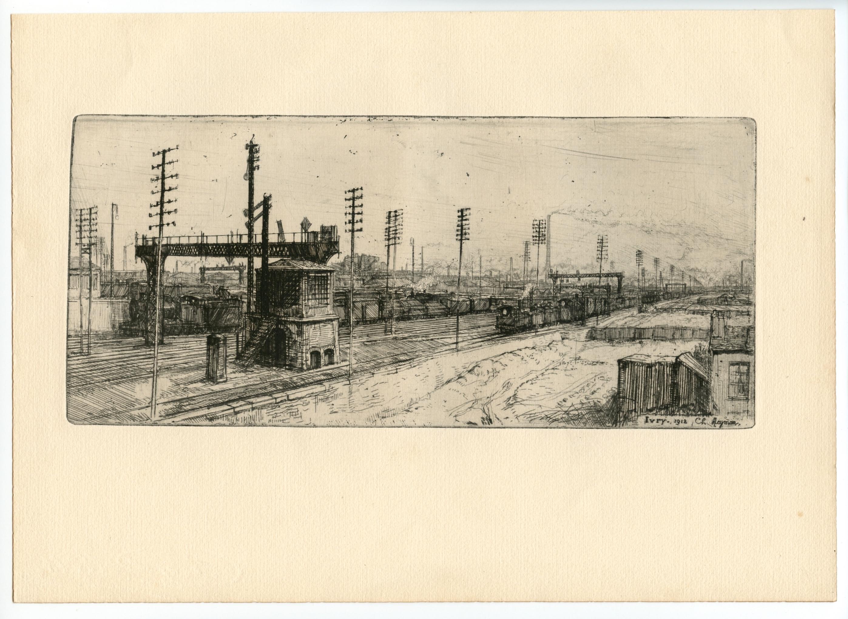 Charles Heyman Landscape Print – Original-Radierung „Ivray, chemin de fer“