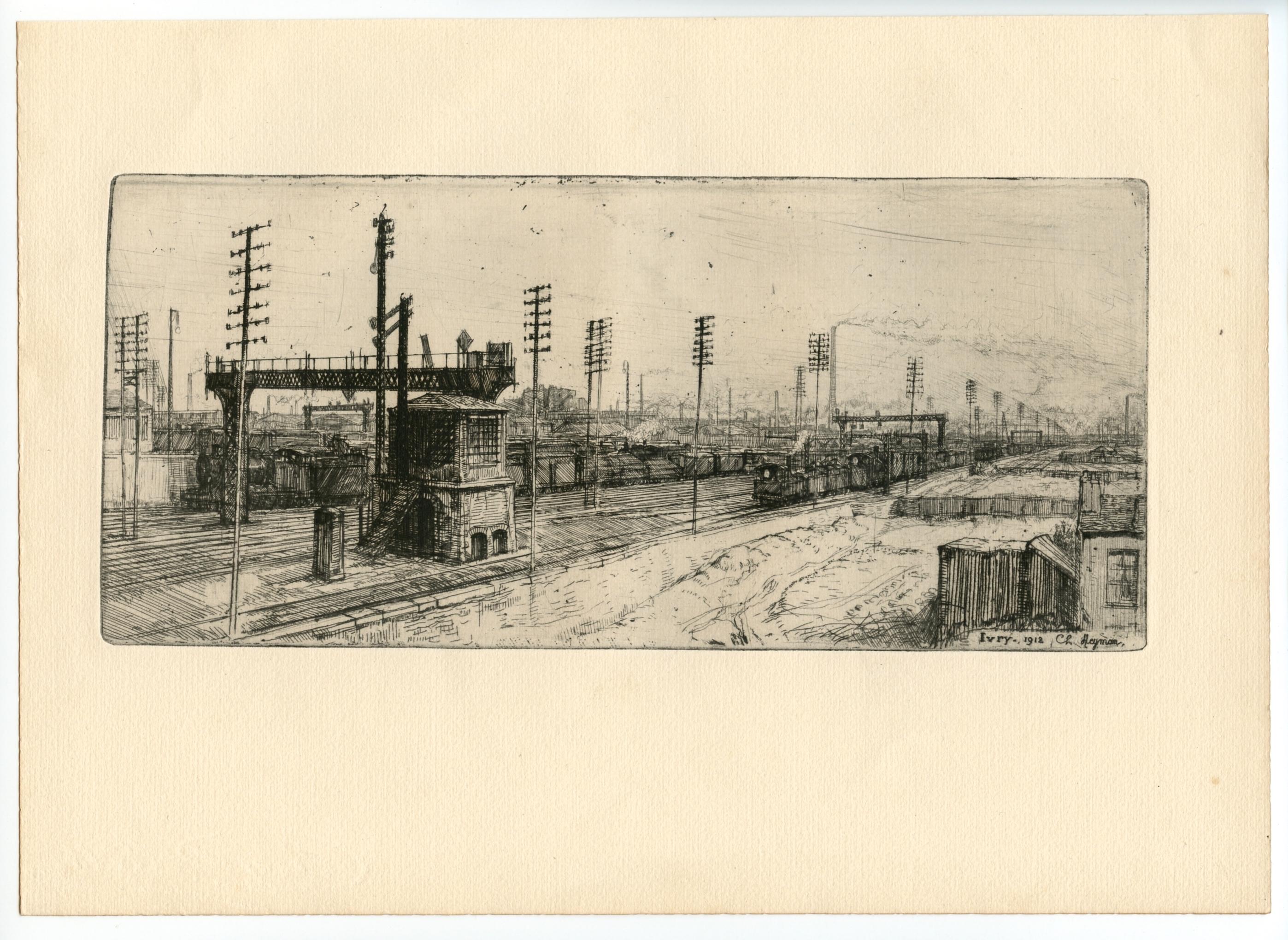 Landscape Print de Charles Heyman - "Ivray, chemin de fer" aguafuerte original