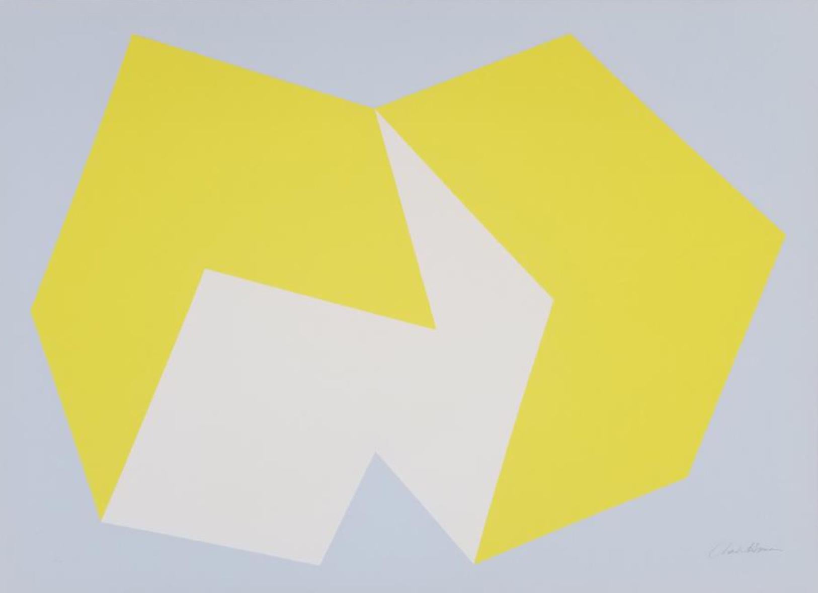"This work was created with two separate entities that play against each other, in real and illusionary space, thus combining two separate realms that come together and play with one another.” -Charles Hinman

Lemon Yellow on Gray
Charles Hinman,
