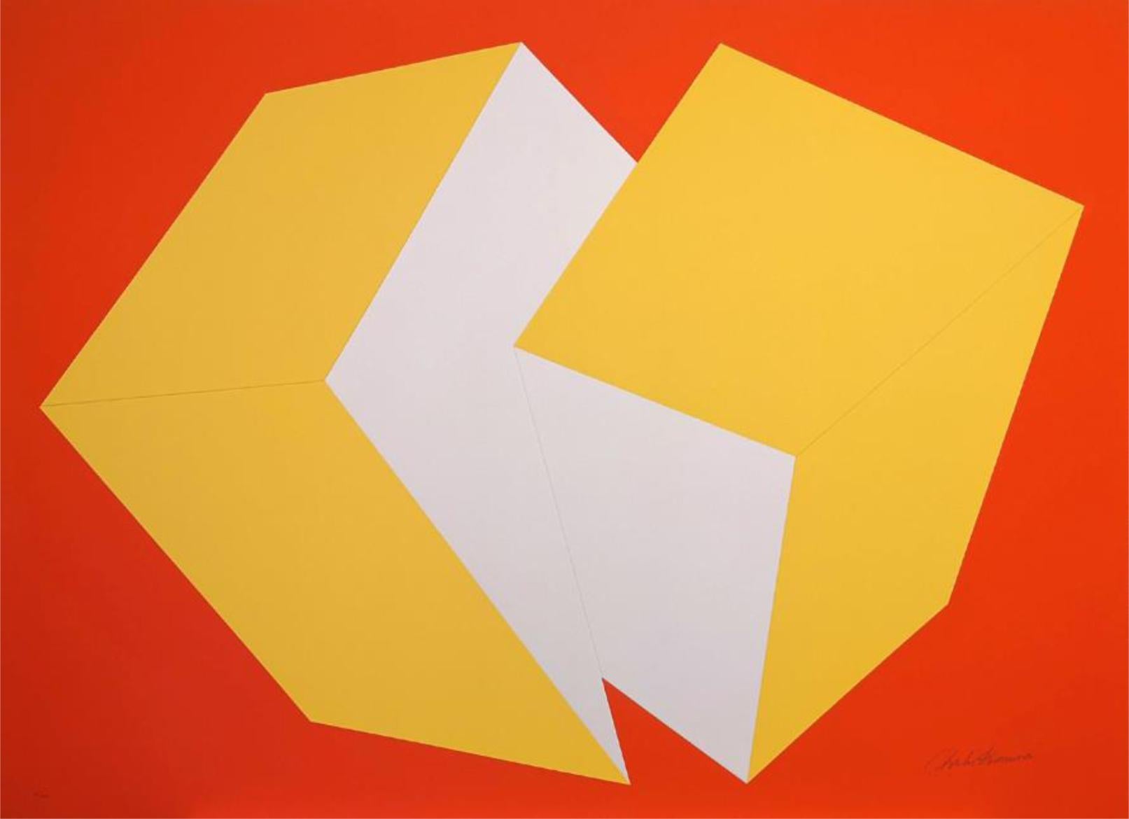 "This work was created with two separate entities that play against each other, in real and illusionary space, thus combining two separate realms that come together and play with one another.” -Charles Hinman

Yellow on Red
Charles Hinman, American
