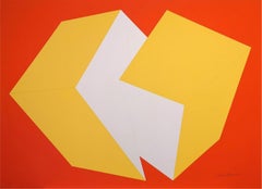 Gelb auf Rot, abstrakter strukturierter Siebdruck von Charles Hinman