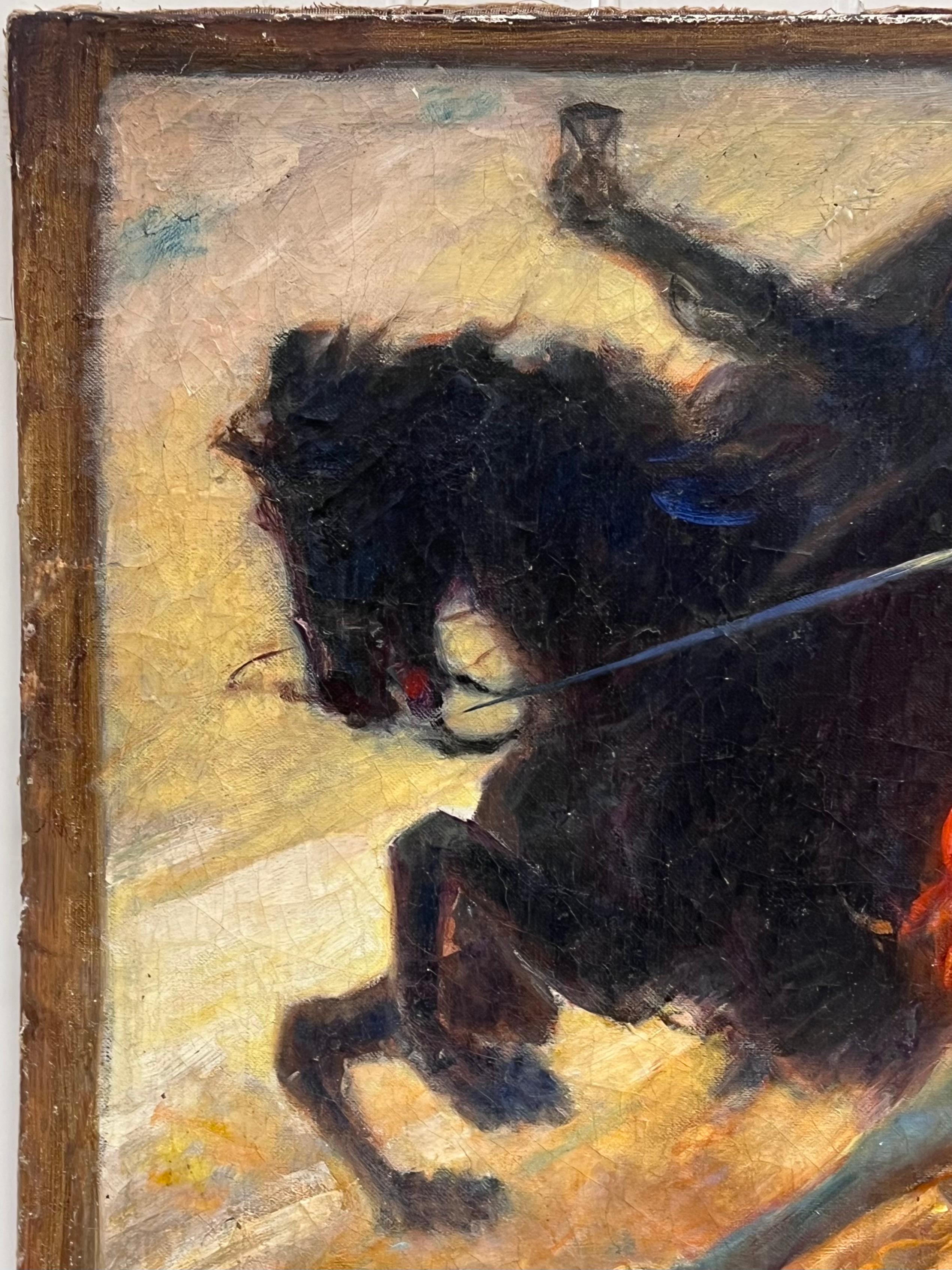 Große französische historische antike Ölgemälde Symbolist Arbeit klassische Schlacht (Schwarz), Animal Painting, von Charles Hoffbauer