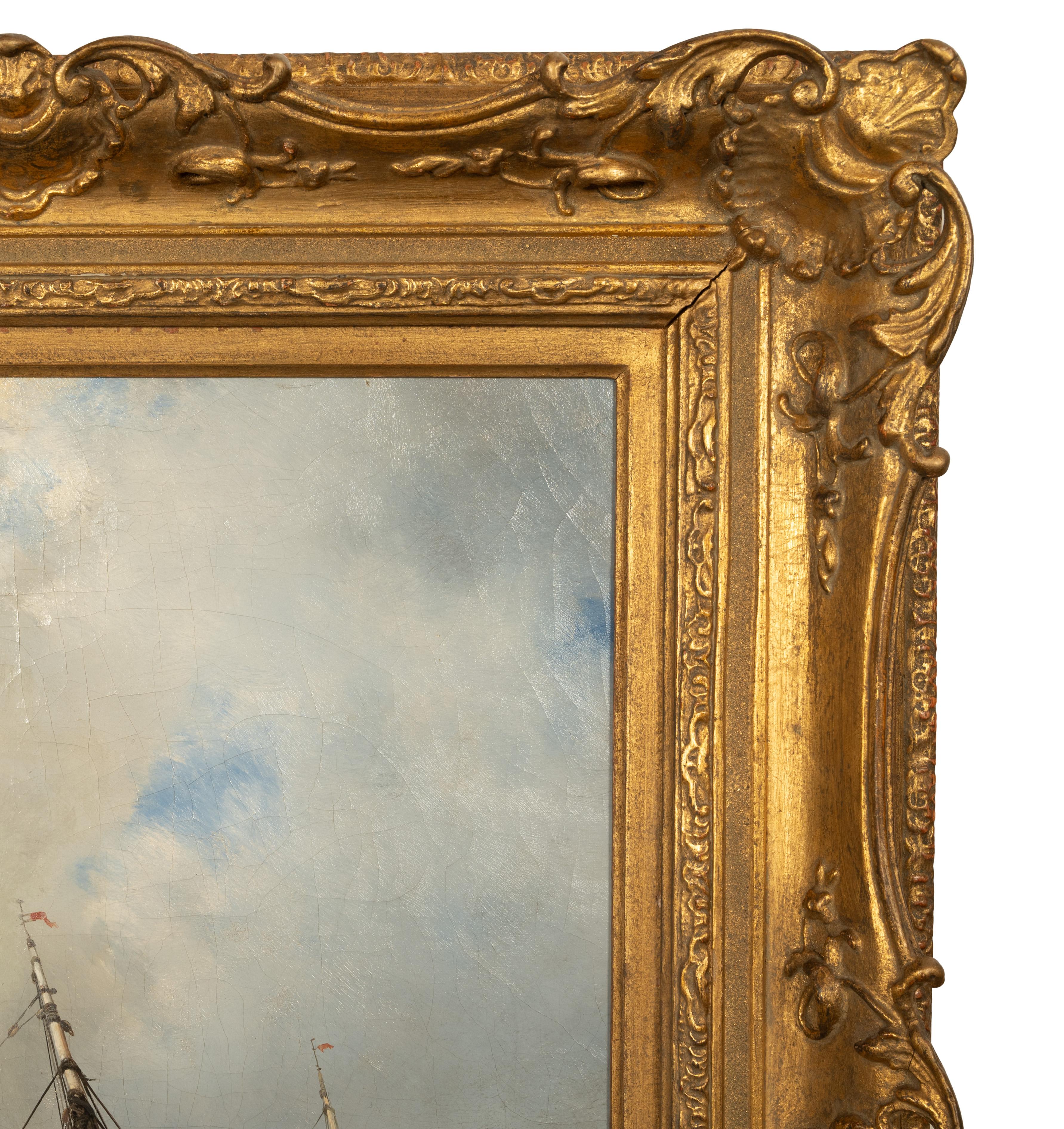 Antique French School Marine Ship Fishing Boats Pintura al óleo Dieppe 1851 en venta 5