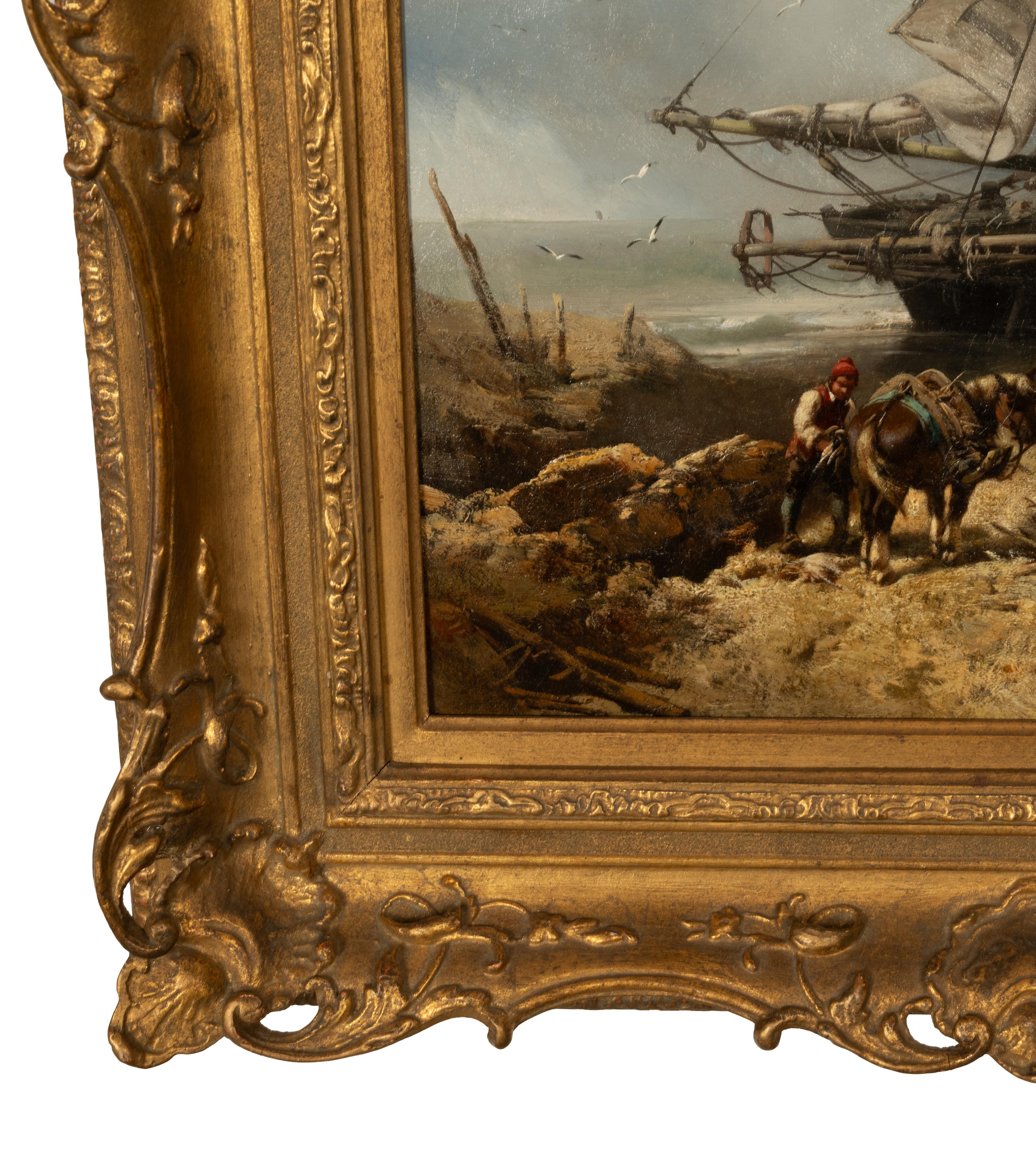 Antique French School Marine Ship Fishing Boats Pintura al óleo Dieppe 1851 en venta 6
