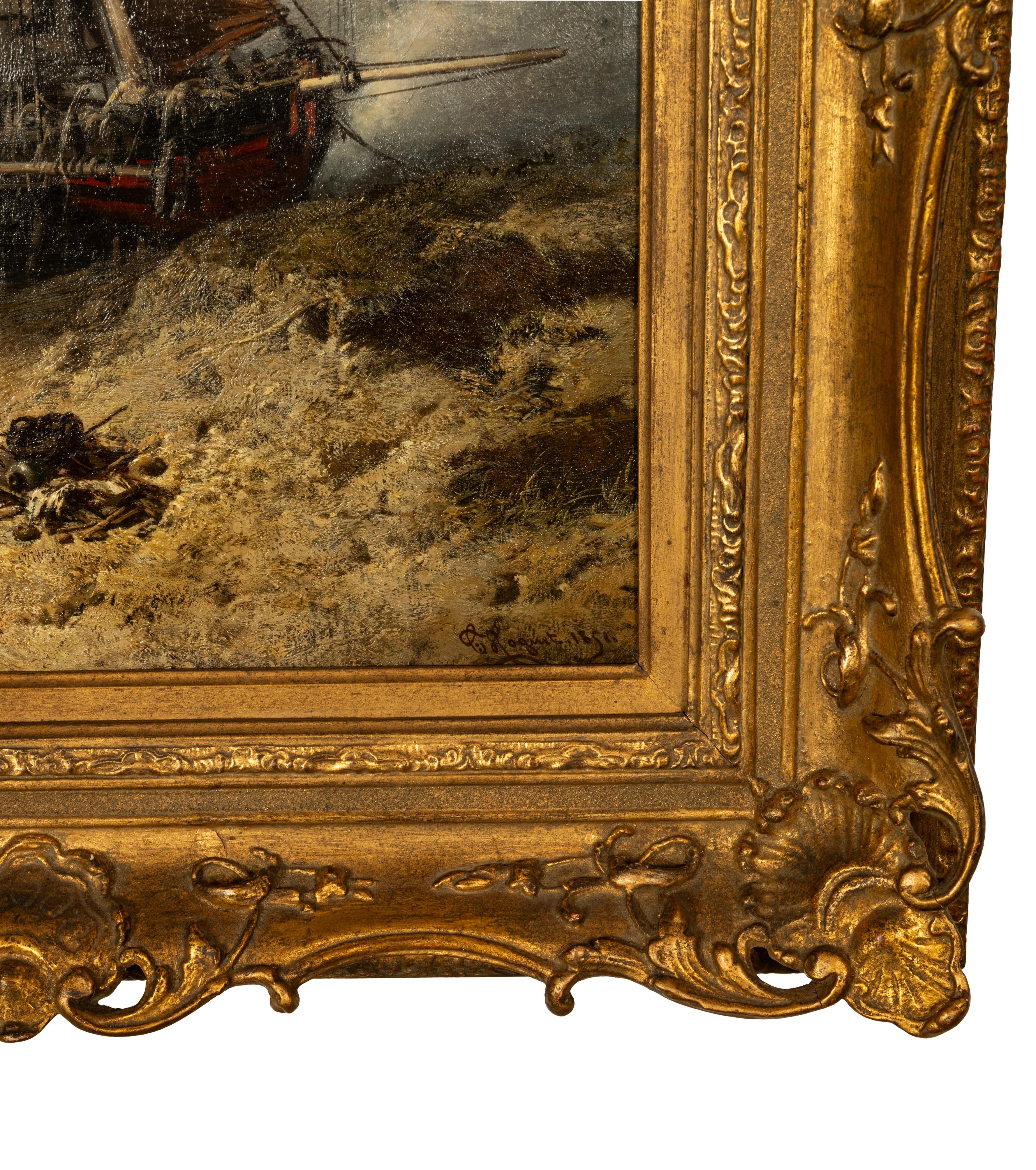 Antique French School Marine Ship Fishing Boats Pintura al óleo Dieppe 1851 en venta 7