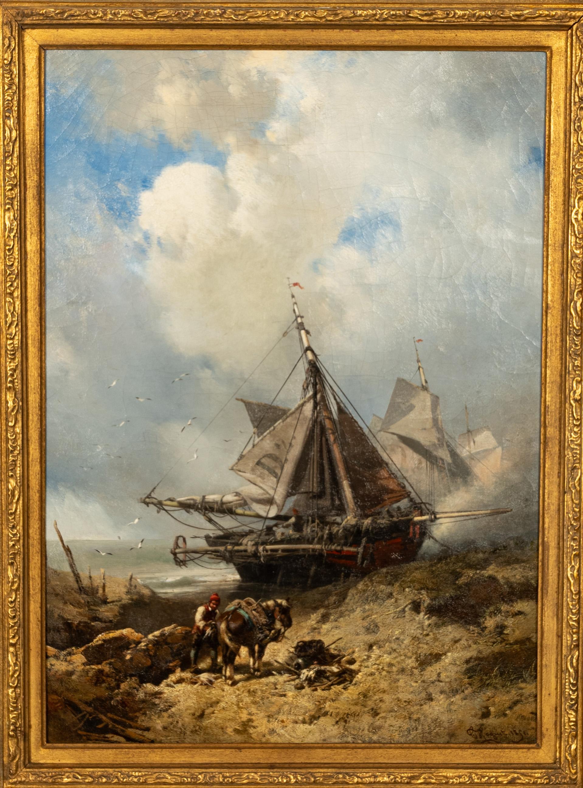 Antique French School Marine Ship Fishing Boats Pintura al óleo Dieppe 1851 - Painting de Charles Hoguet