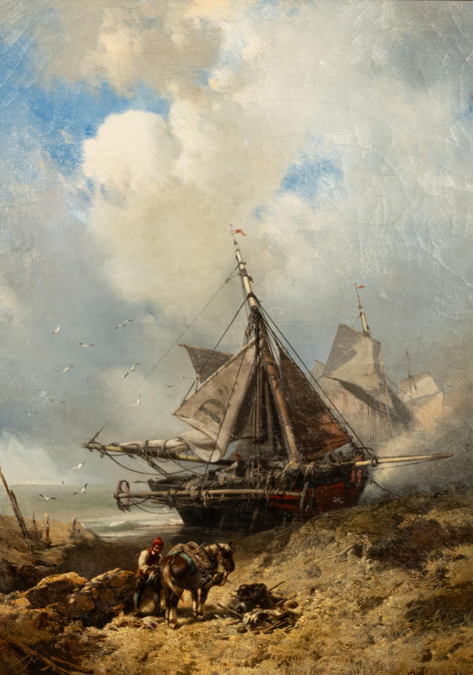 Antique French School Marine Ship Fishing Boats Pintura al óleo Dieppe 1851 - Painting Escuela francesa de Charles Hoguet