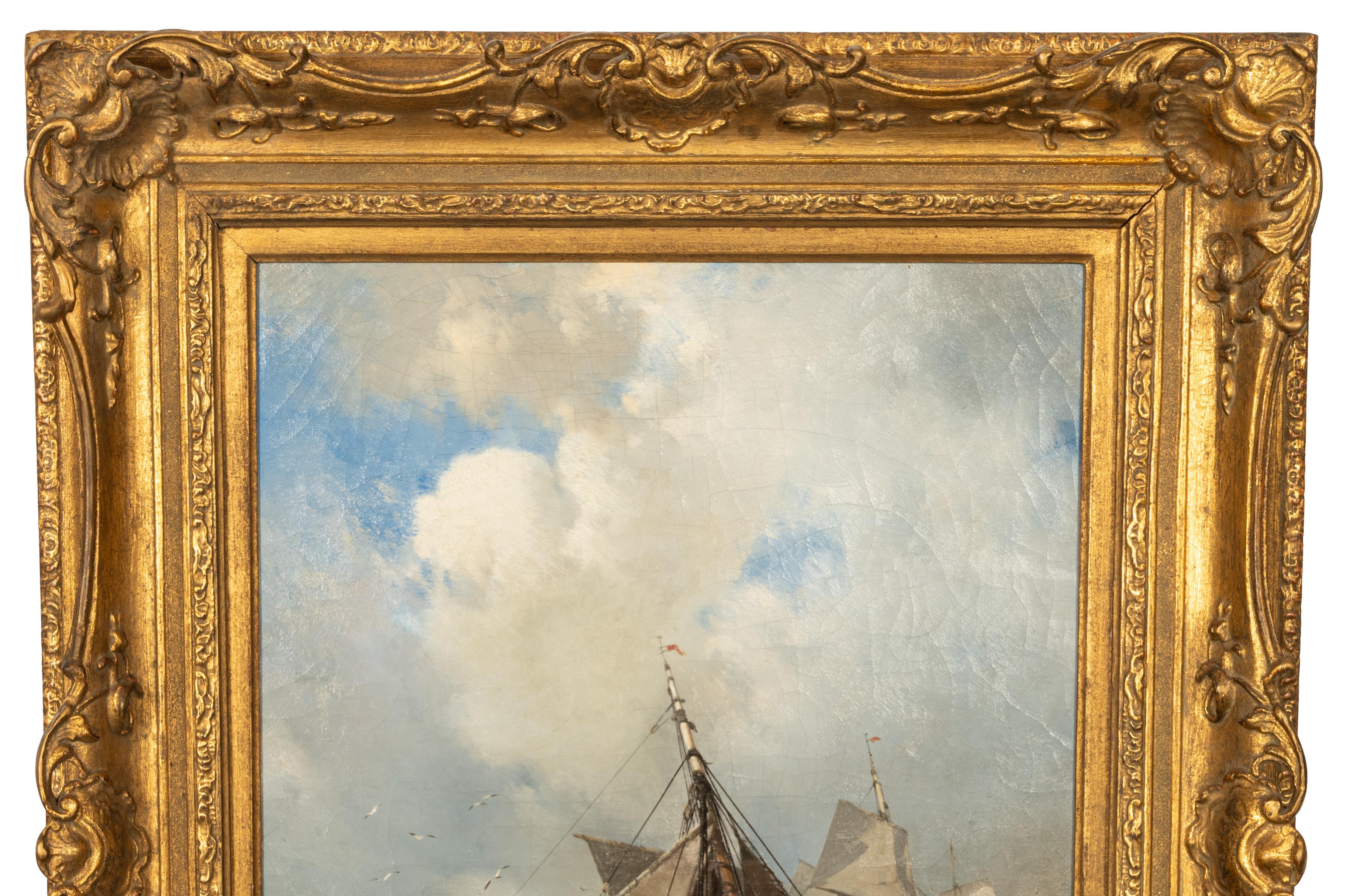 Antique French School Marine Ship Fishing Boats Pintura al óleo Dieppe 1851 - Landscape Painting Marrón de Charles Hoguet